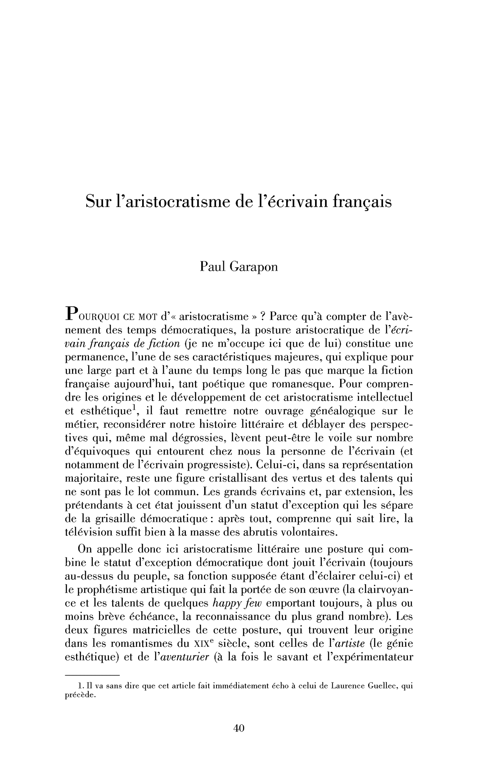 Sur l’aristocratisme de l’écrivain français