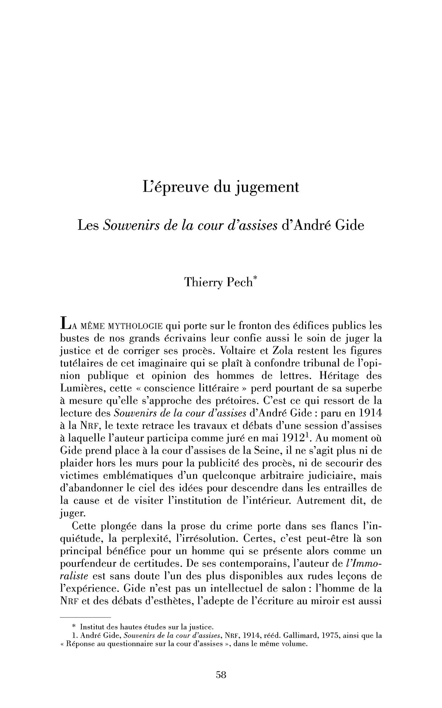 L’épreuve du jugement. Les Souvenirs de la cour d’assises d’André Gide