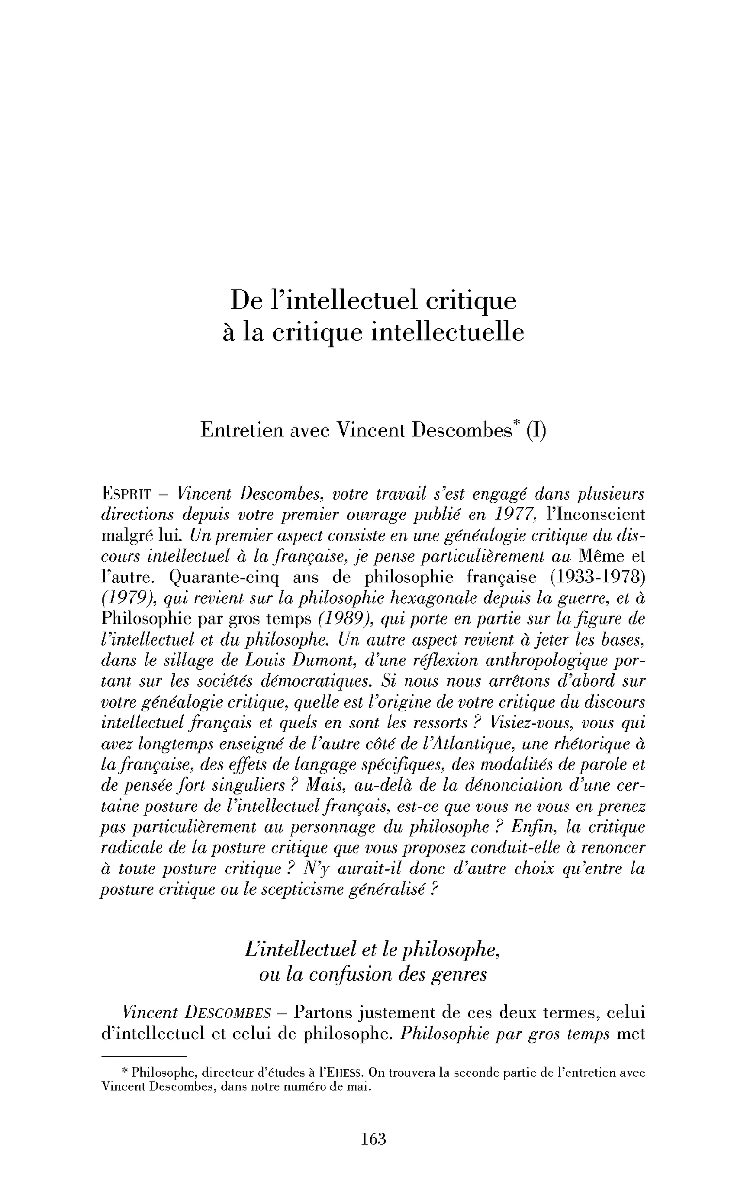 De l’intellectuel critique à la critique intellectuelle. (Entretien - I)