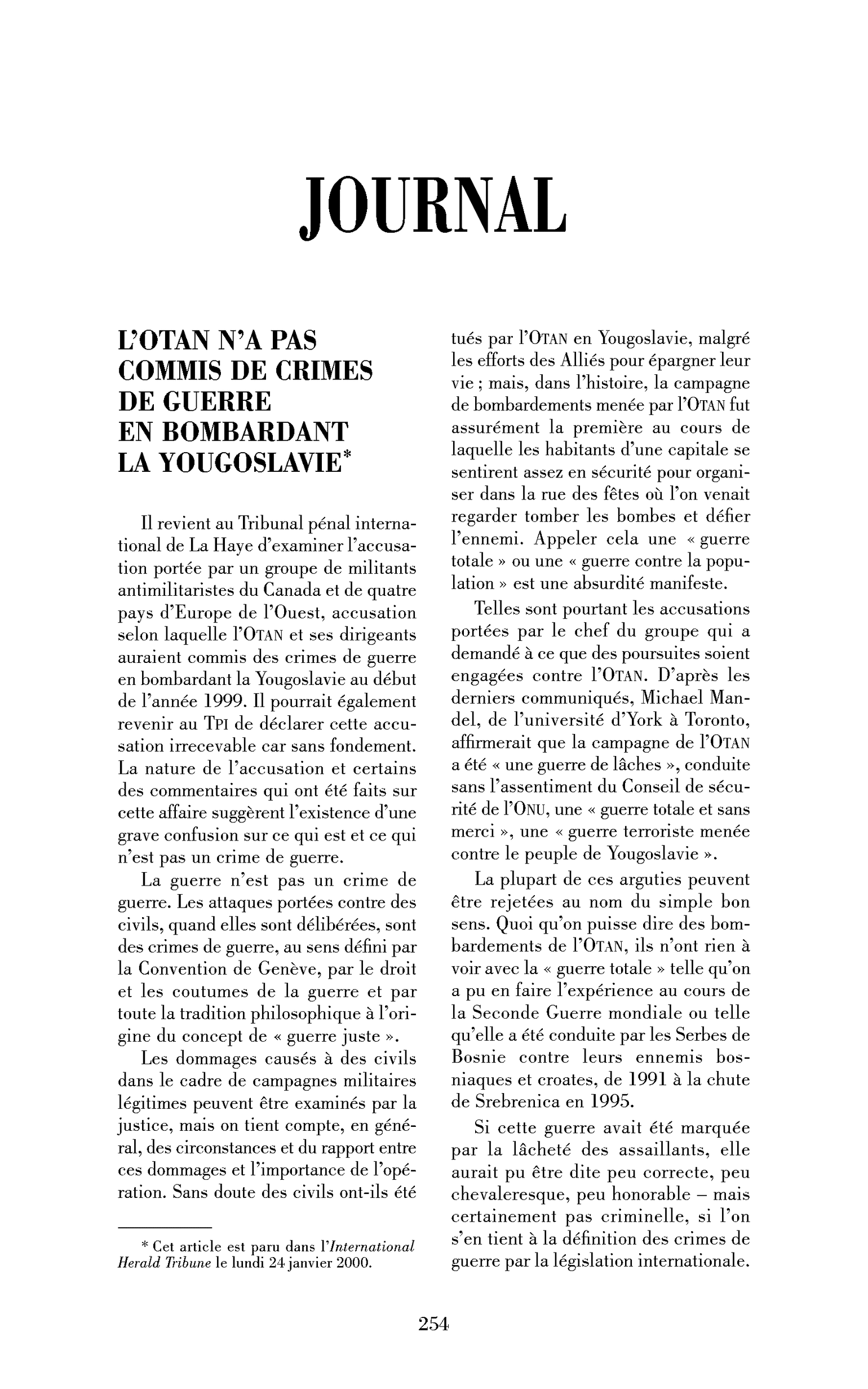 L’OTAN n’a pas commis de crimes de guerre en bombardant la Yougoslavie