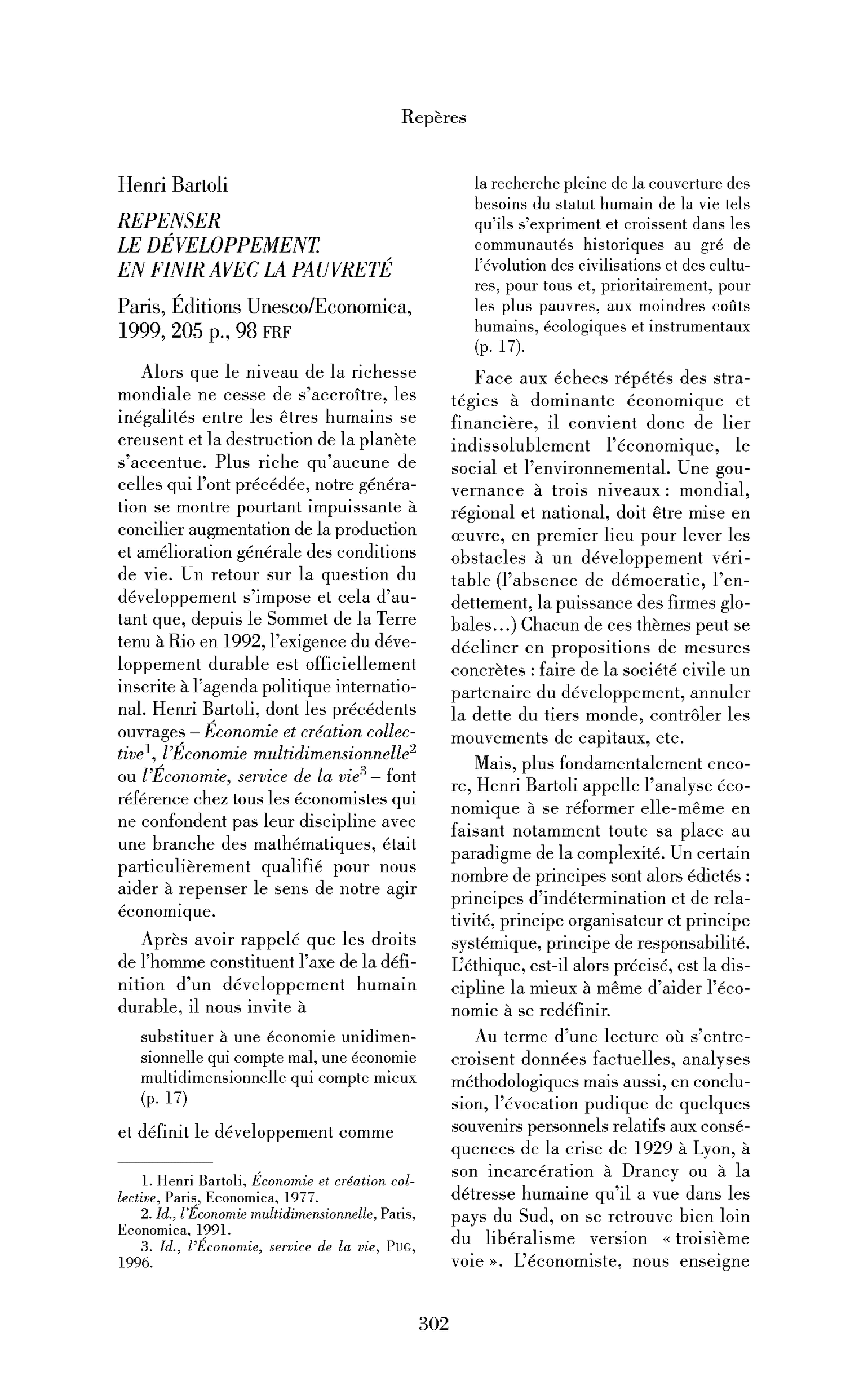 Henri Bartoli : Repenser le développement. En finir avec la pauvreté