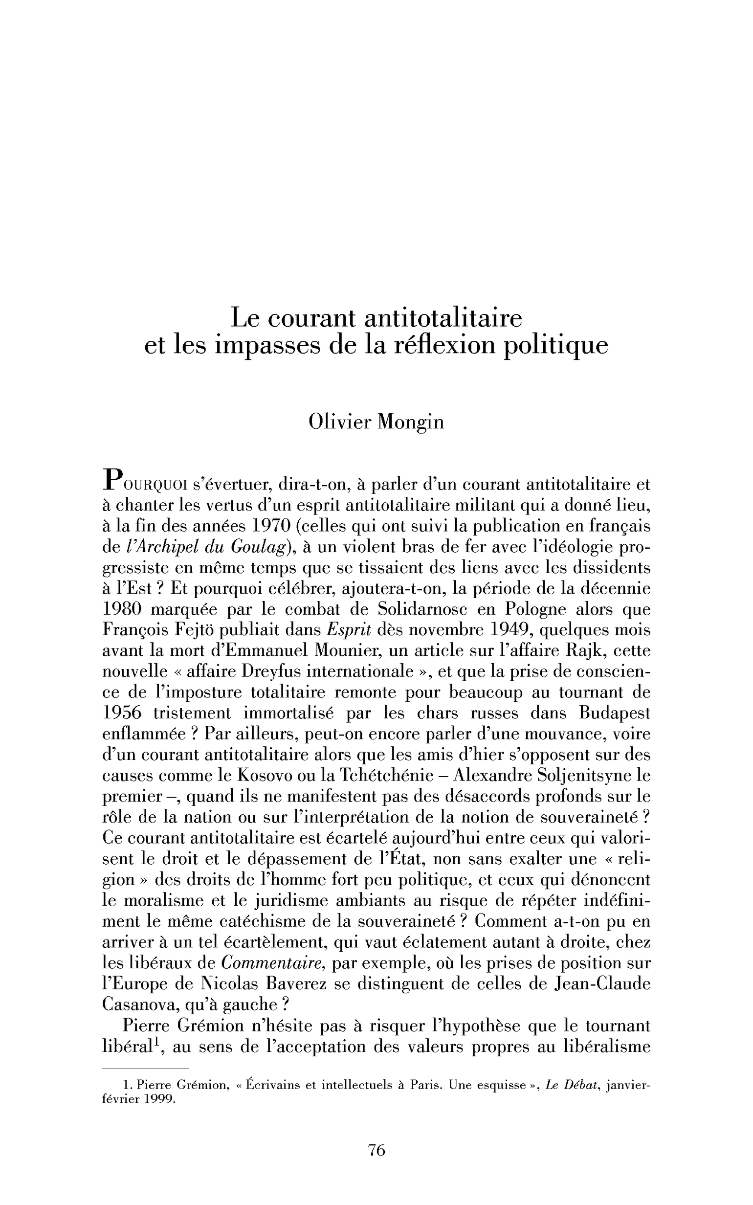 Le courant antitotalitaire et les impasses de la réflexion politique