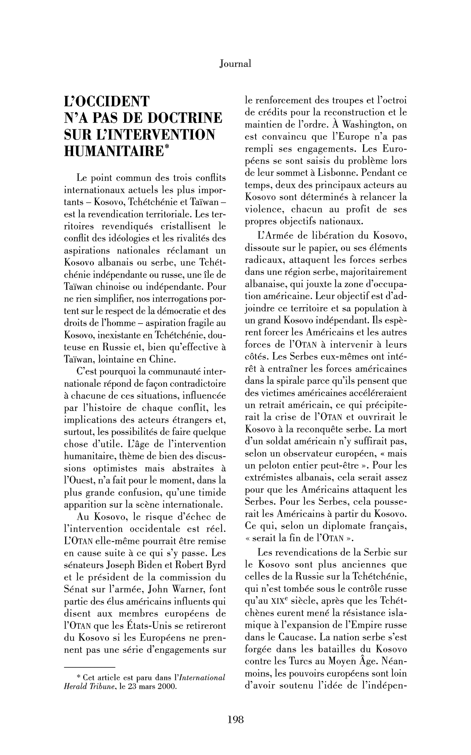 L’Occident n’a pas de doctrine sur l’intervention humanitaire
