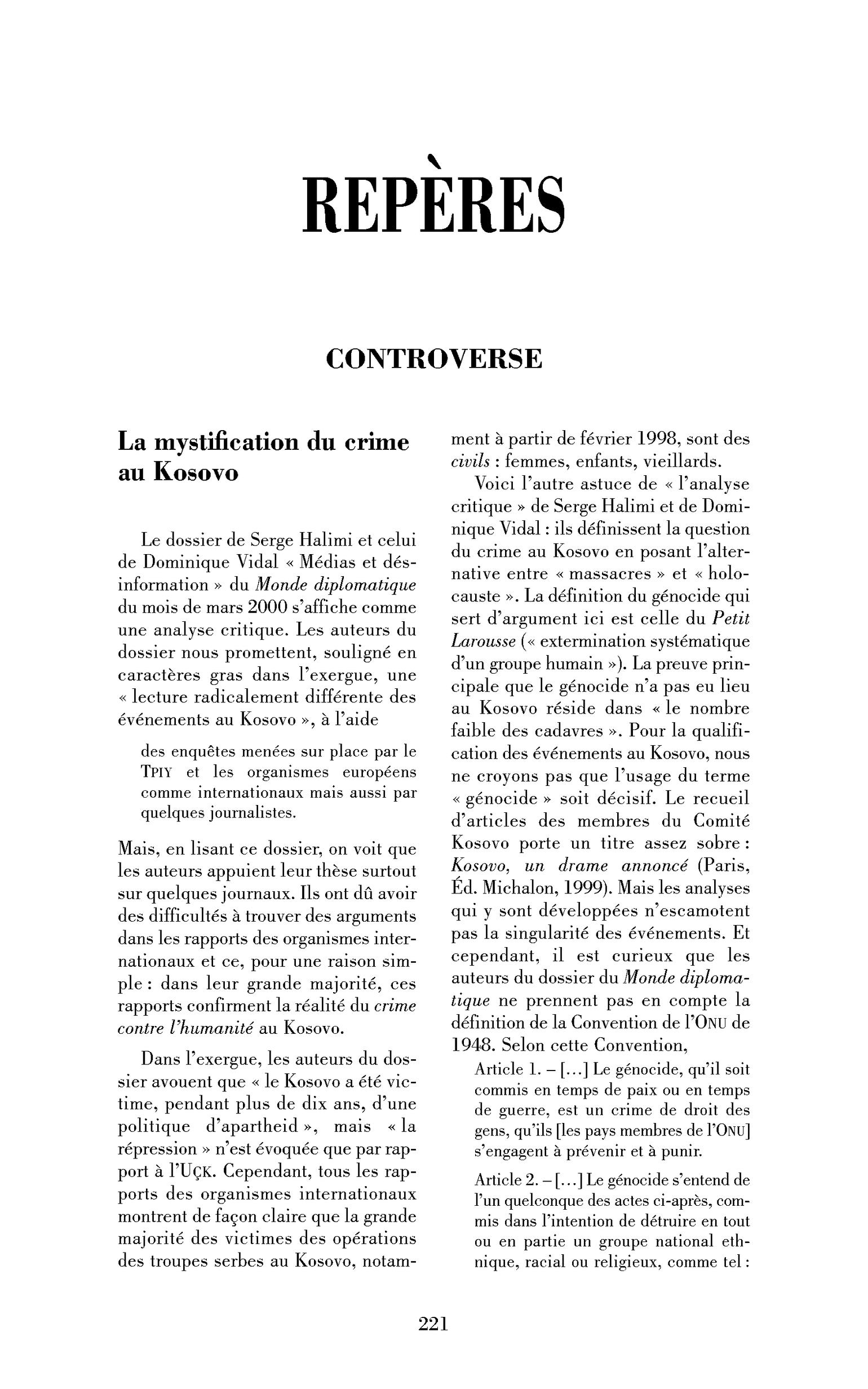 La mystification du crime au Kosovo