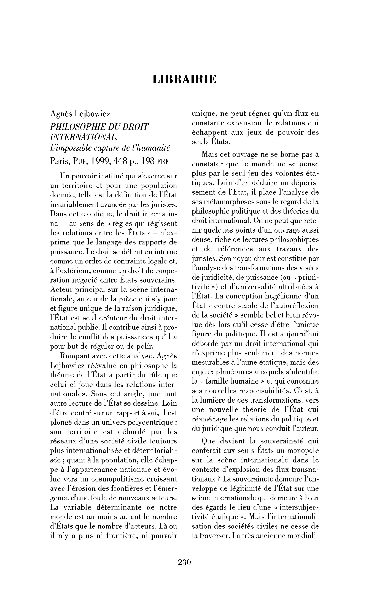 Agnès Lejbowicz : Philosophie du droit international. L’impossible capture de l’humanité