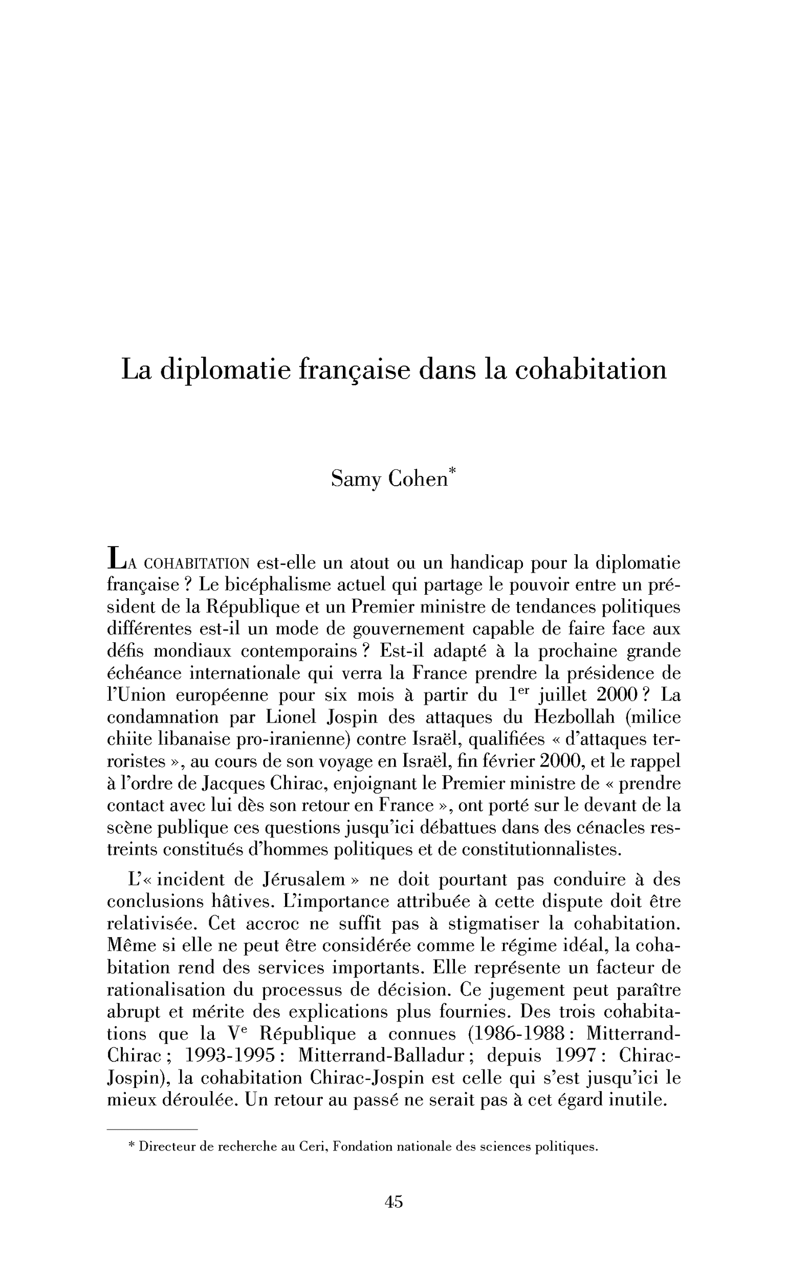 La diplomatie française dans la cohabitation