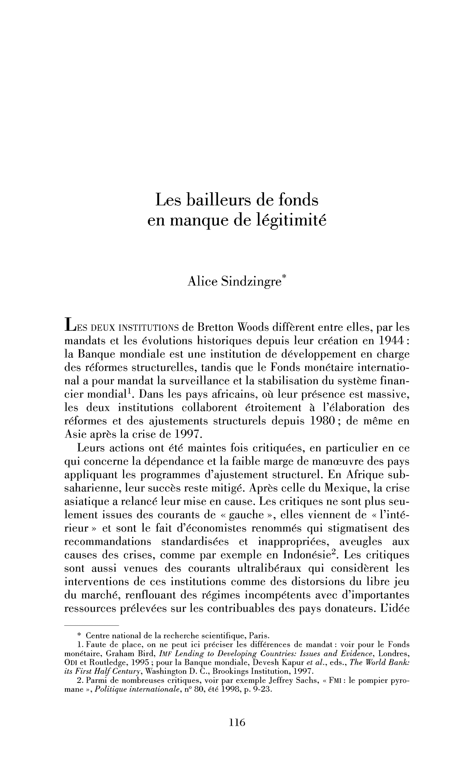 Les bailleurs de fonds en manque de légitimité