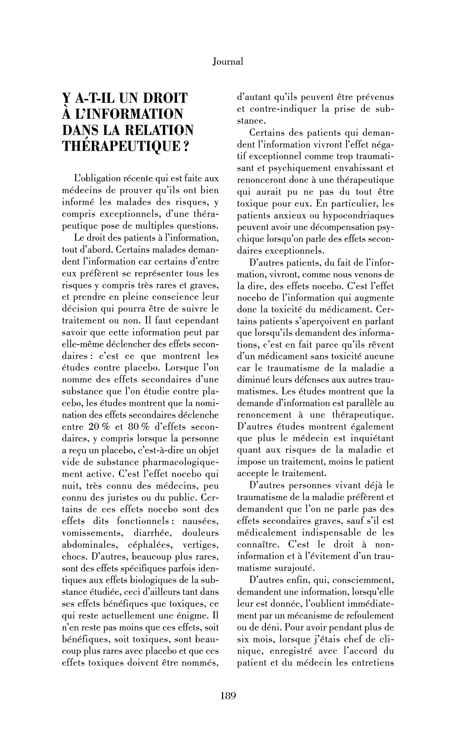 Y a-t-il un droit à l’information dans la relation thérapeutique?