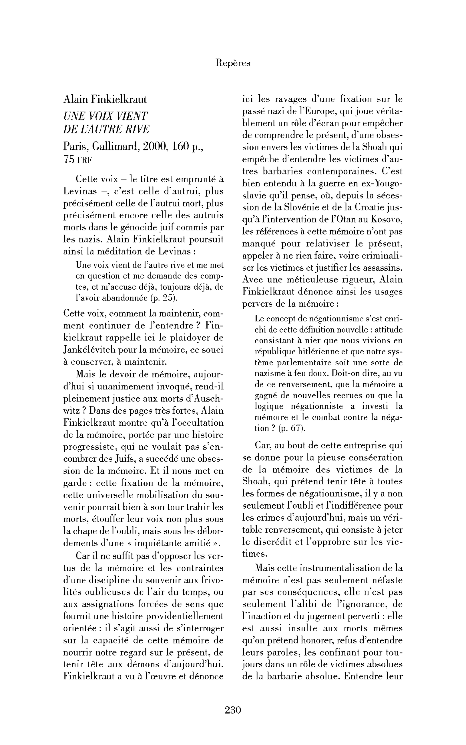 Alain Finkielkraut : Une voix vient de l’autre rive