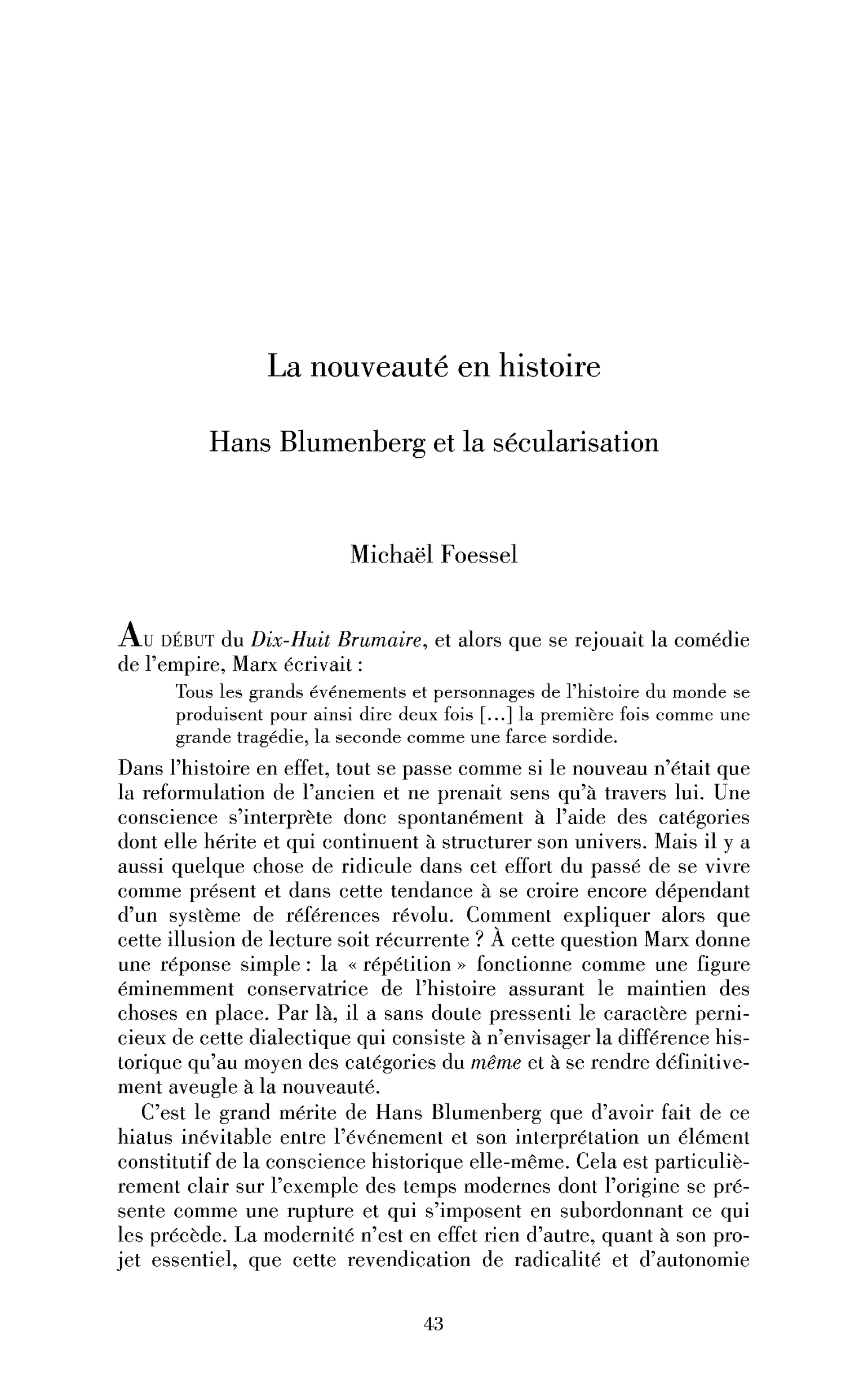La nouveauté en histoire. Hans Blumenberg et la sécularisation