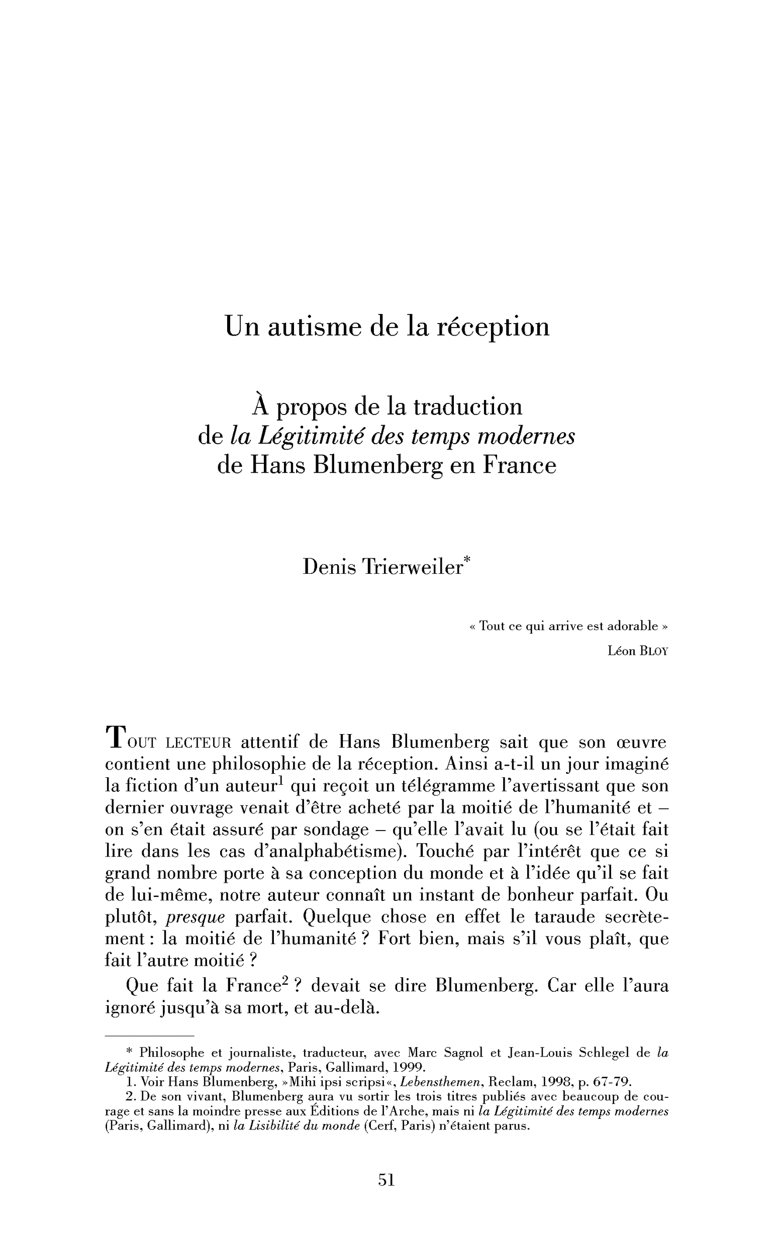Un autisme de la réception. À propos de la traduction de la Légitimité des temps modernes de Hans Blumenberg en France