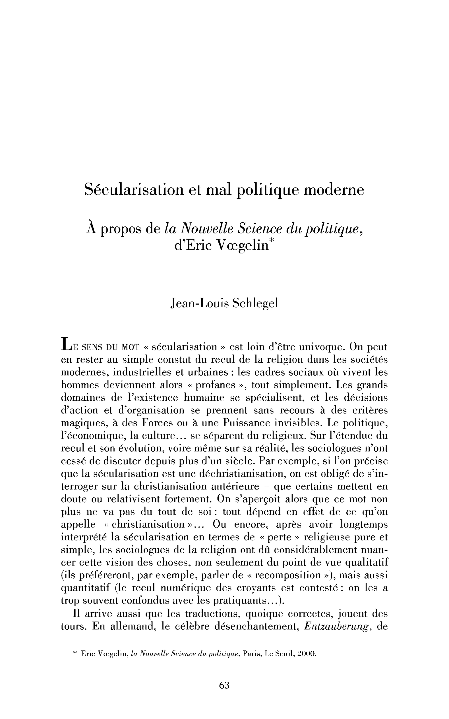 Sécularisation et mal politique moderne. À propos de la Nouvelle Science du politique, d’Eric Vœgelin