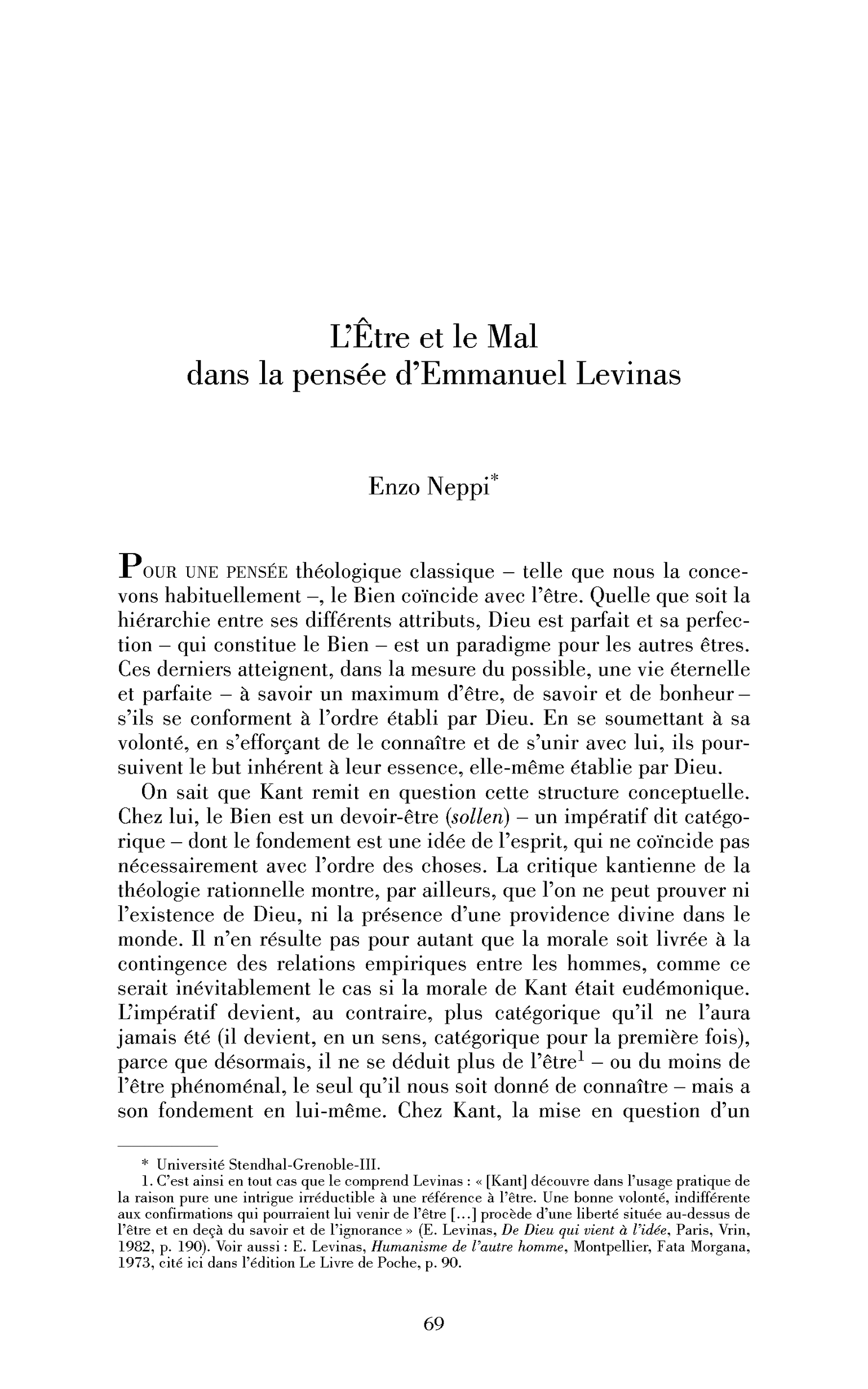 L’Être et le Mal dans la pensée d’Emmanuel Levinas