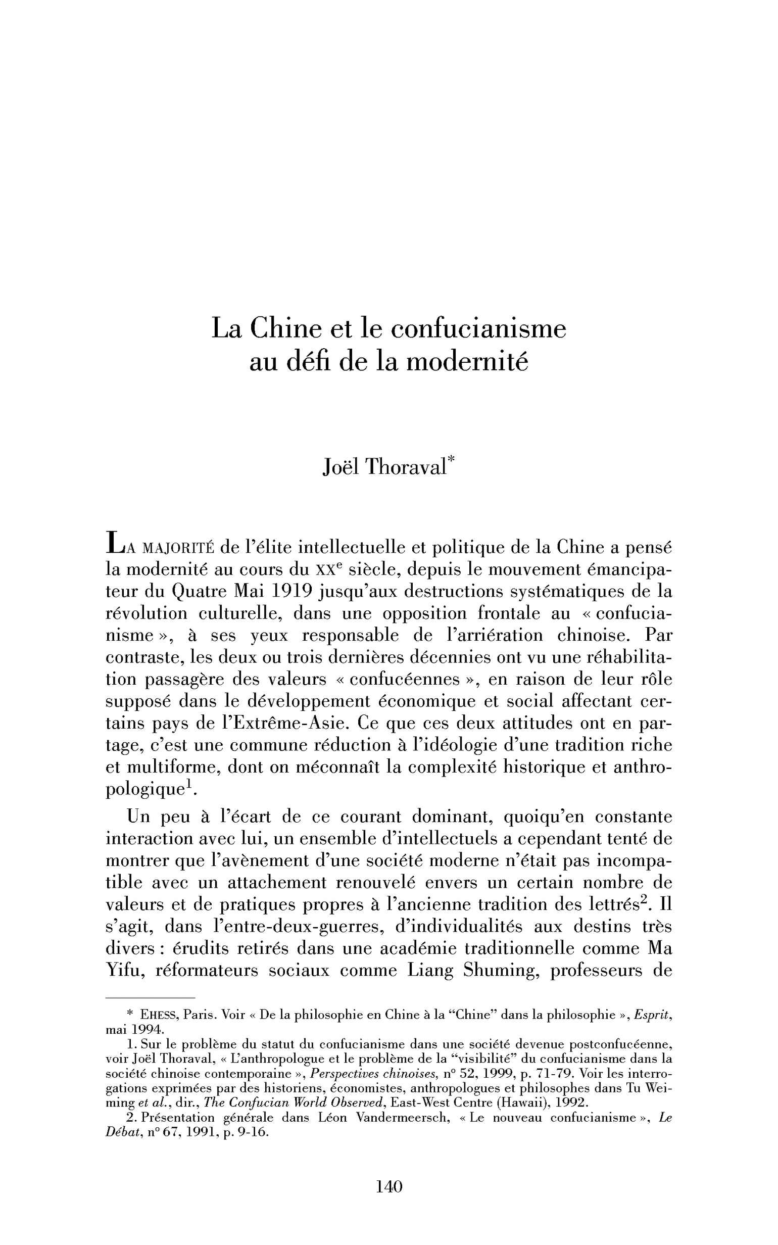 La Chine et le confucianisme au défi de la modernité