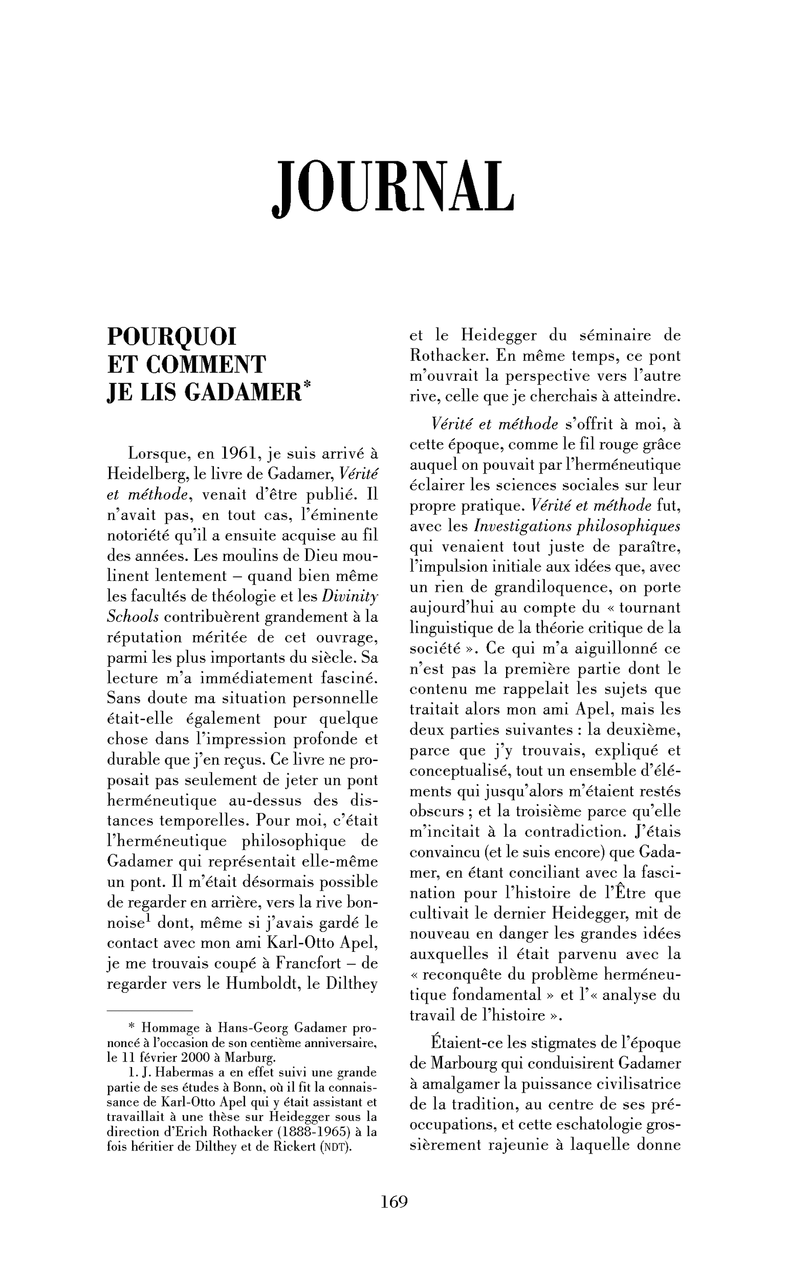 Pourquoi et comment je lis Gadamer