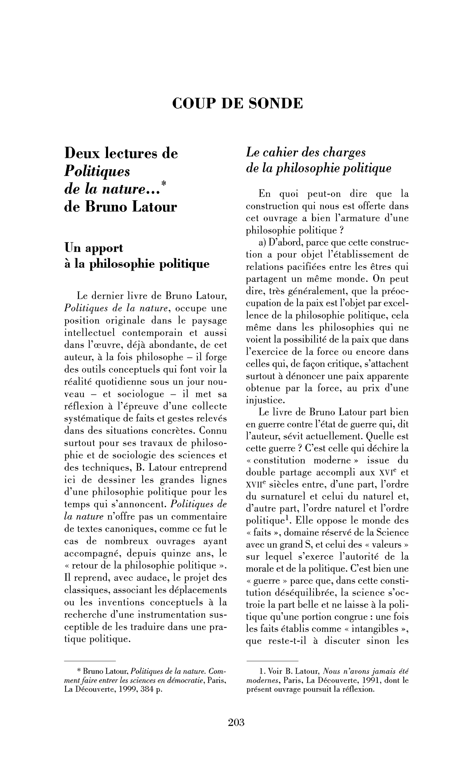 Deux lectures de Politiques de la nature…, de Bruno Latour : Un apport à la philosophie politique