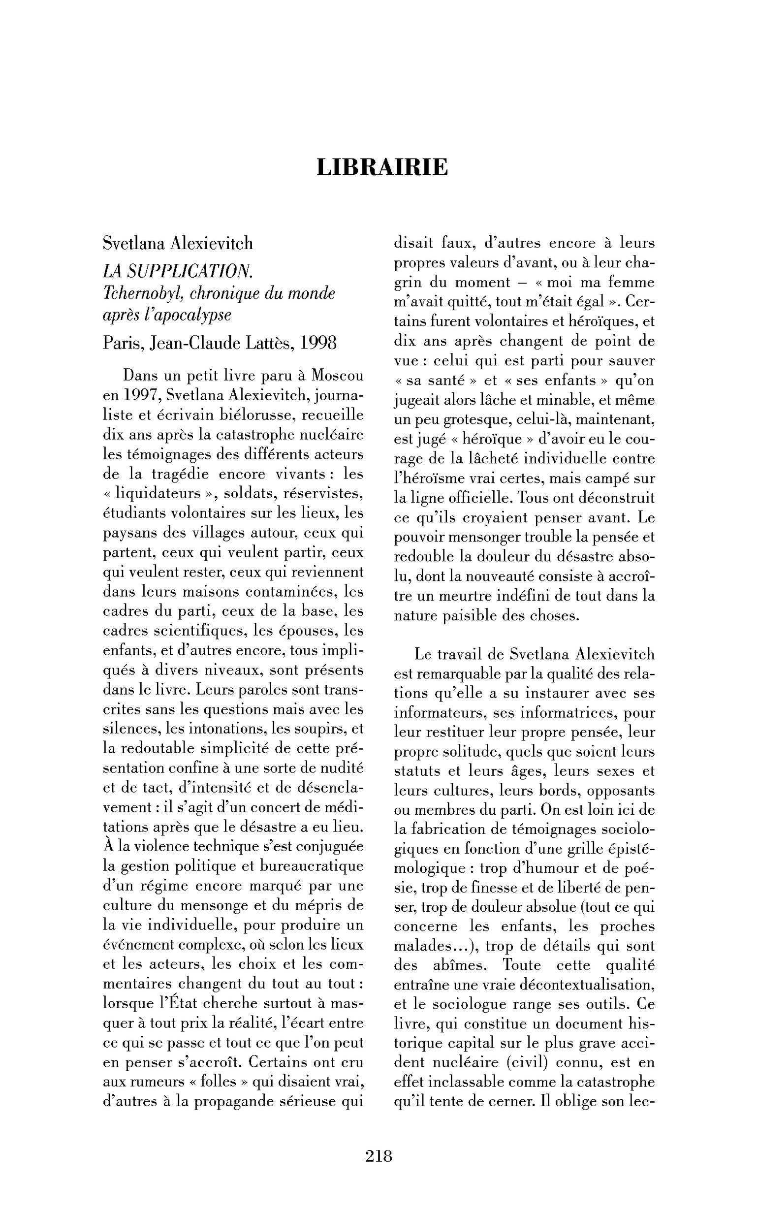 Svetlana Alexievitch : la Supplication. Tchernobyl, chronique du monde après l’apocalypse