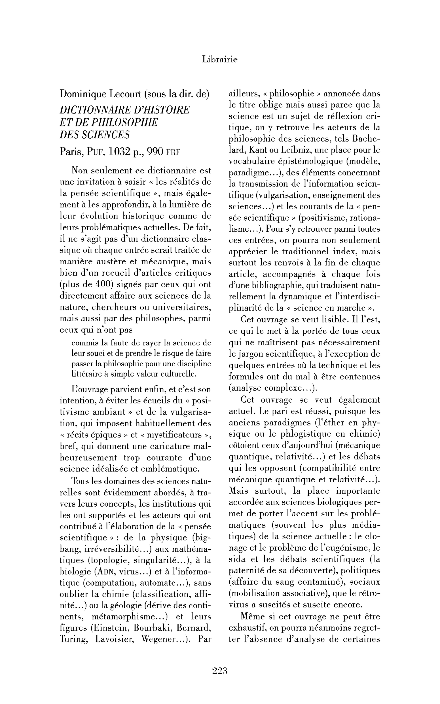Dominique Lecourt (sous la dir. de) : Dictionnaire d’histoire et de philosophie des sciences
