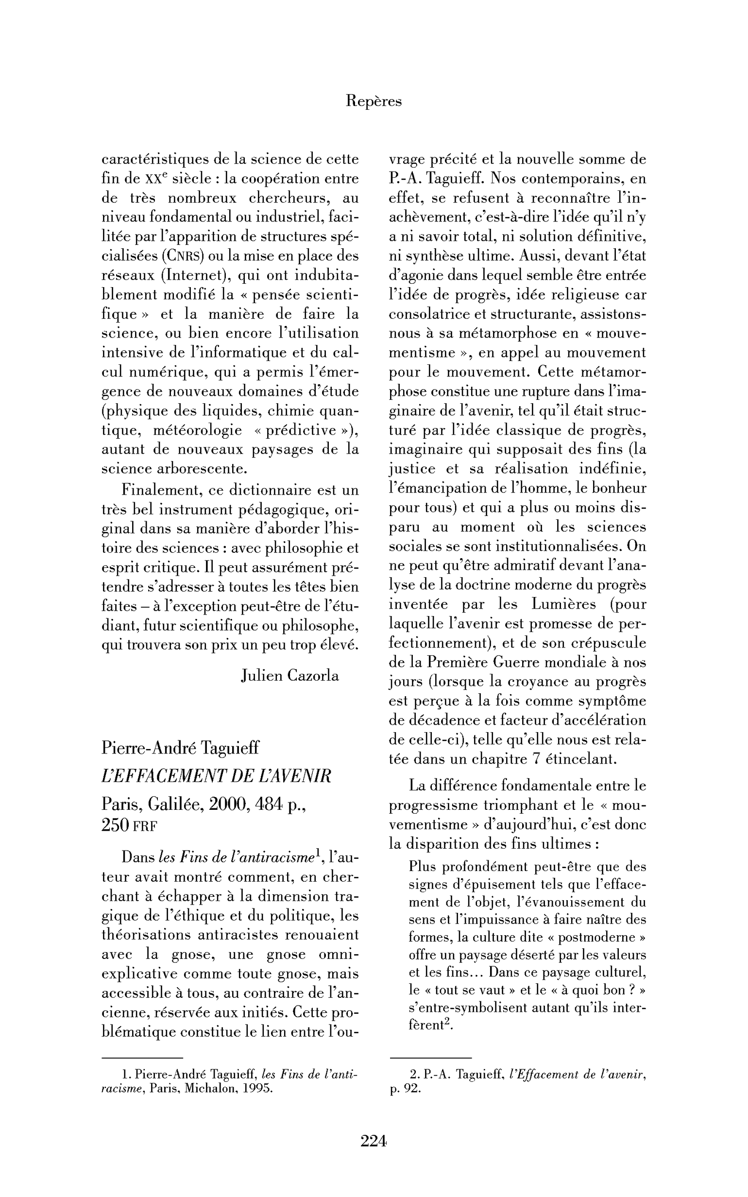 Pierre-André Taguieff : l’Effacement de l’avenir