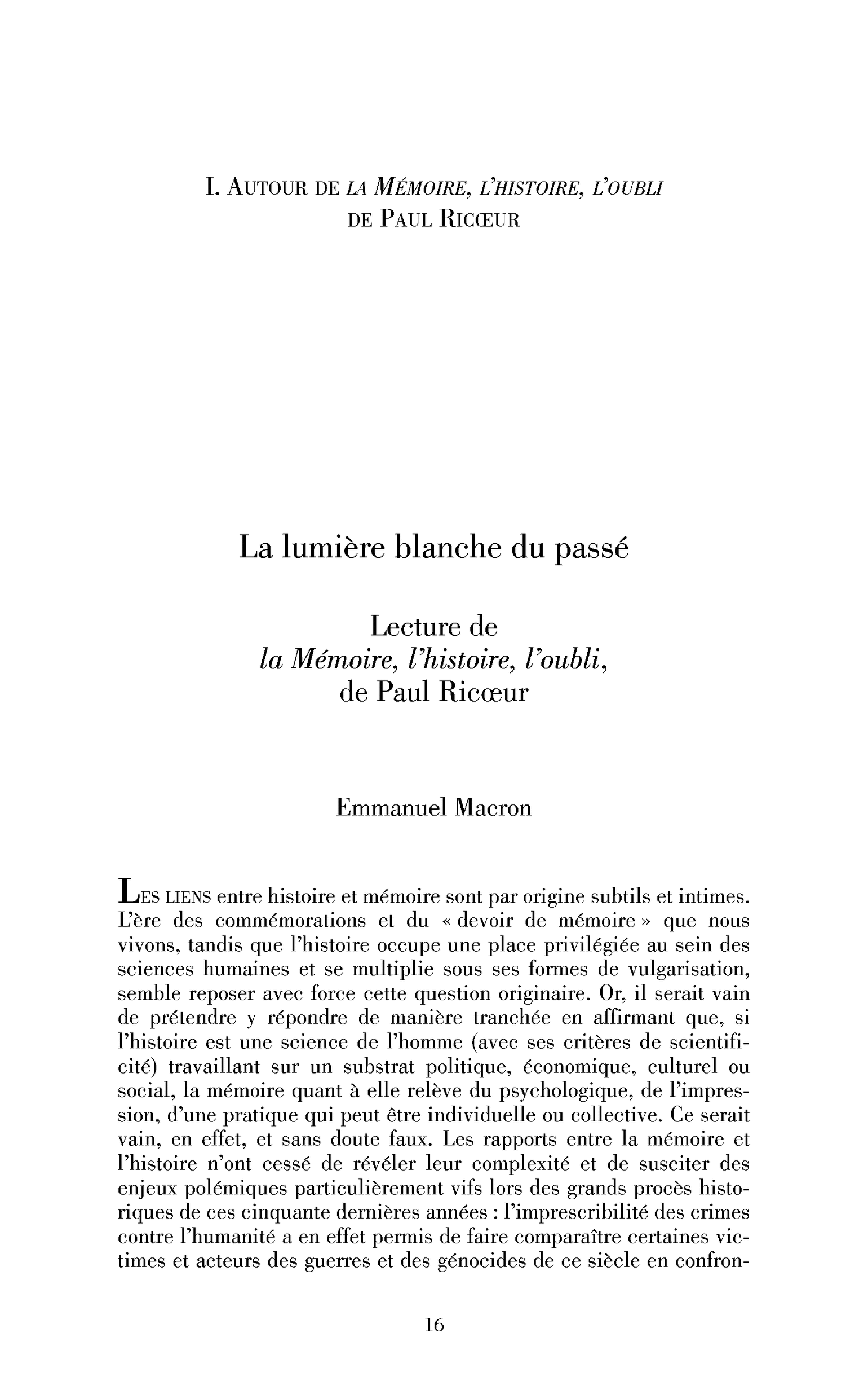 La lumière blanche du passé. Lecture de la Mémoire, l’histoire, l’oubli