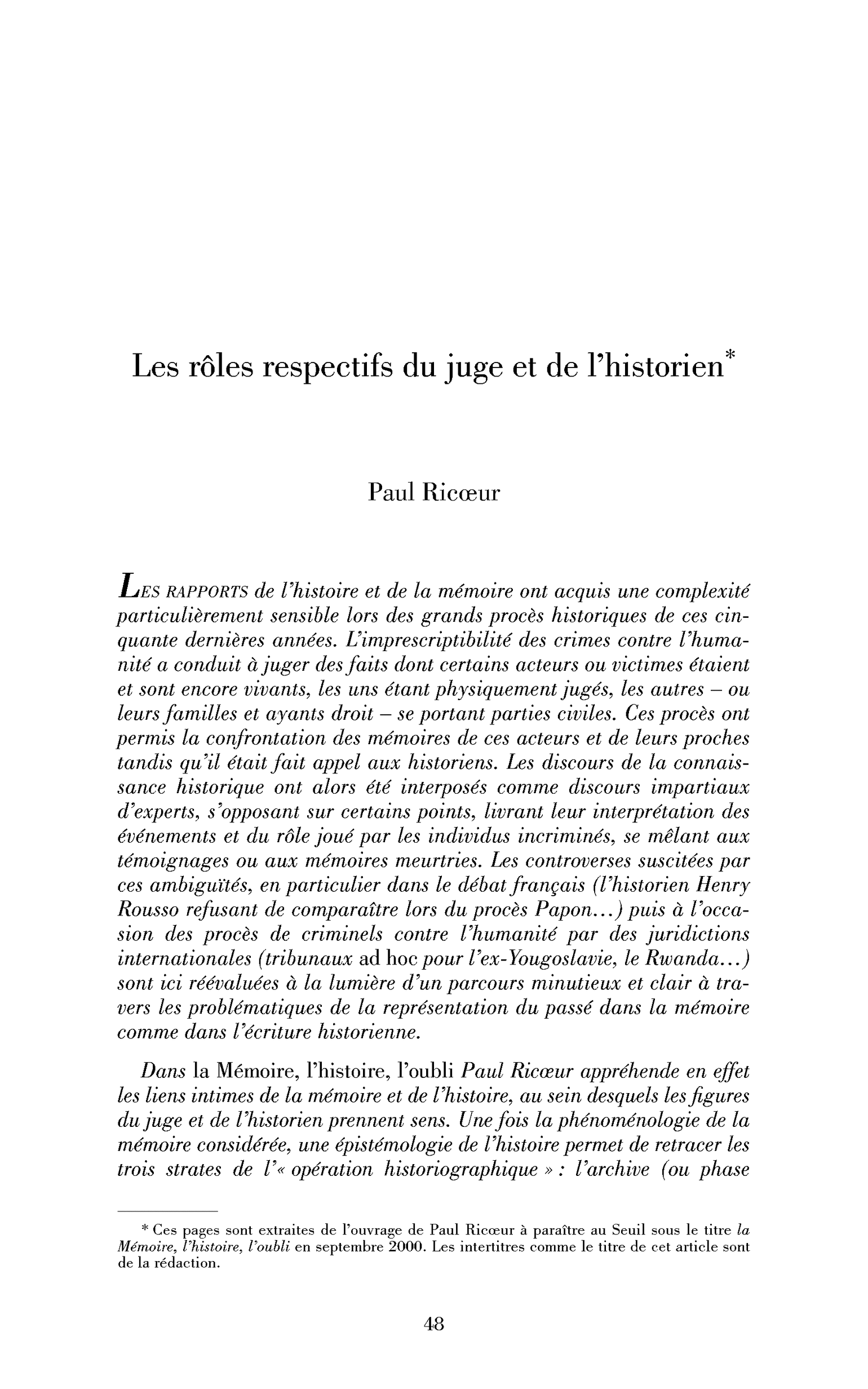 Les rôles respectifs du juge et de l’historien