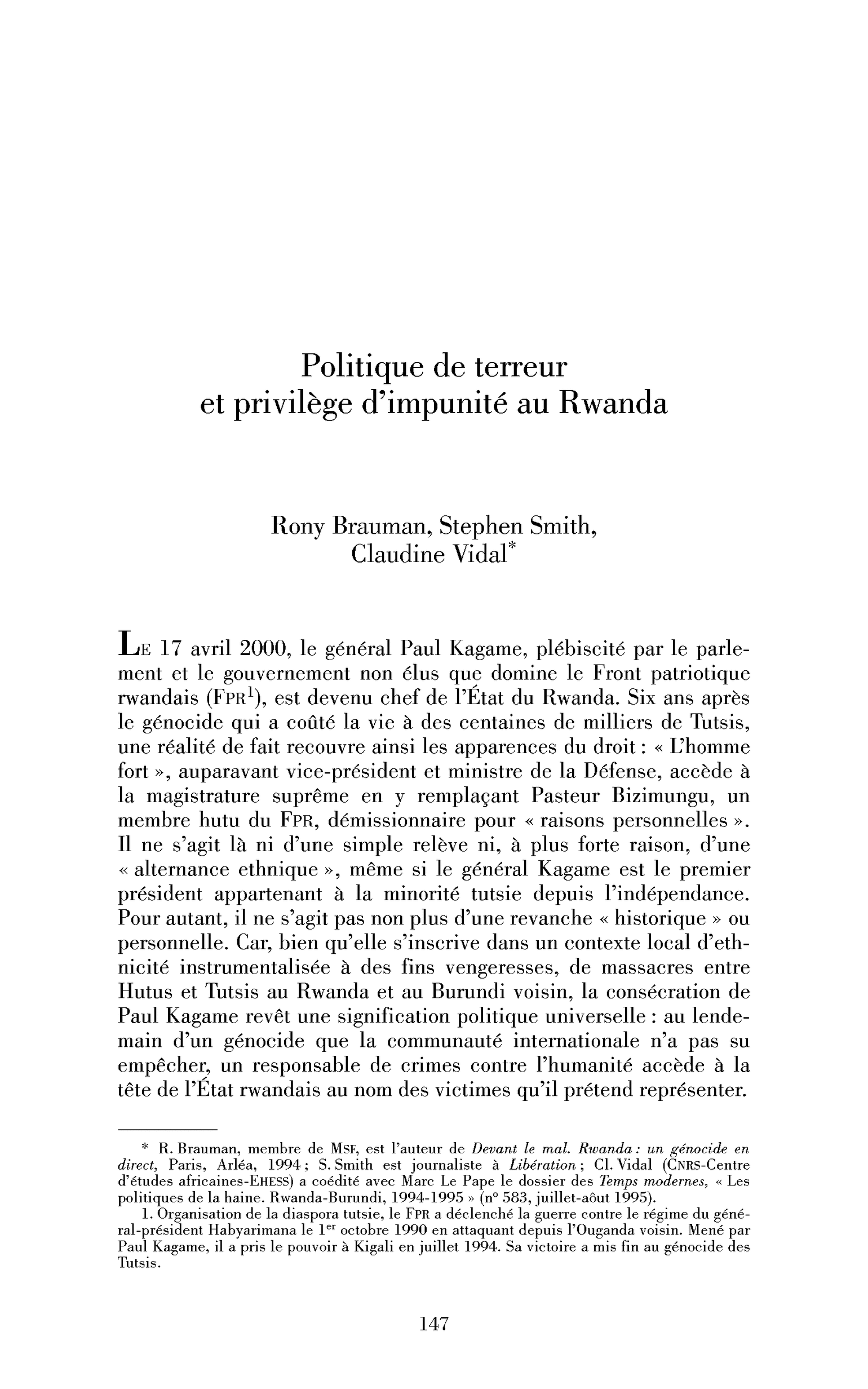 Politique de terreur et privilège d’impunité au Rwanda