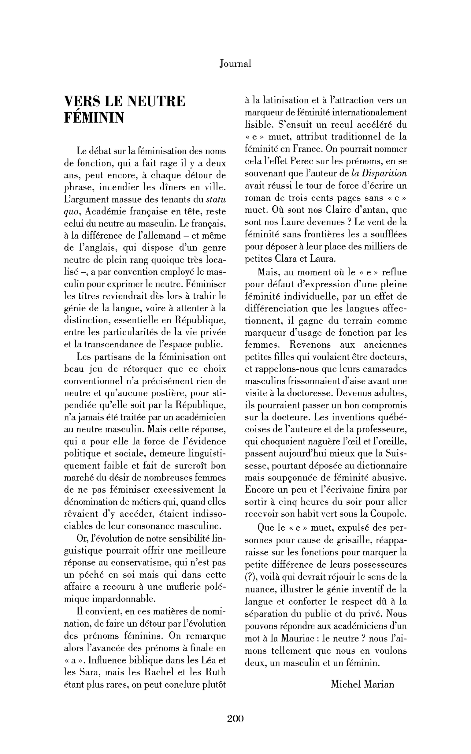 Vers le neutre féminin