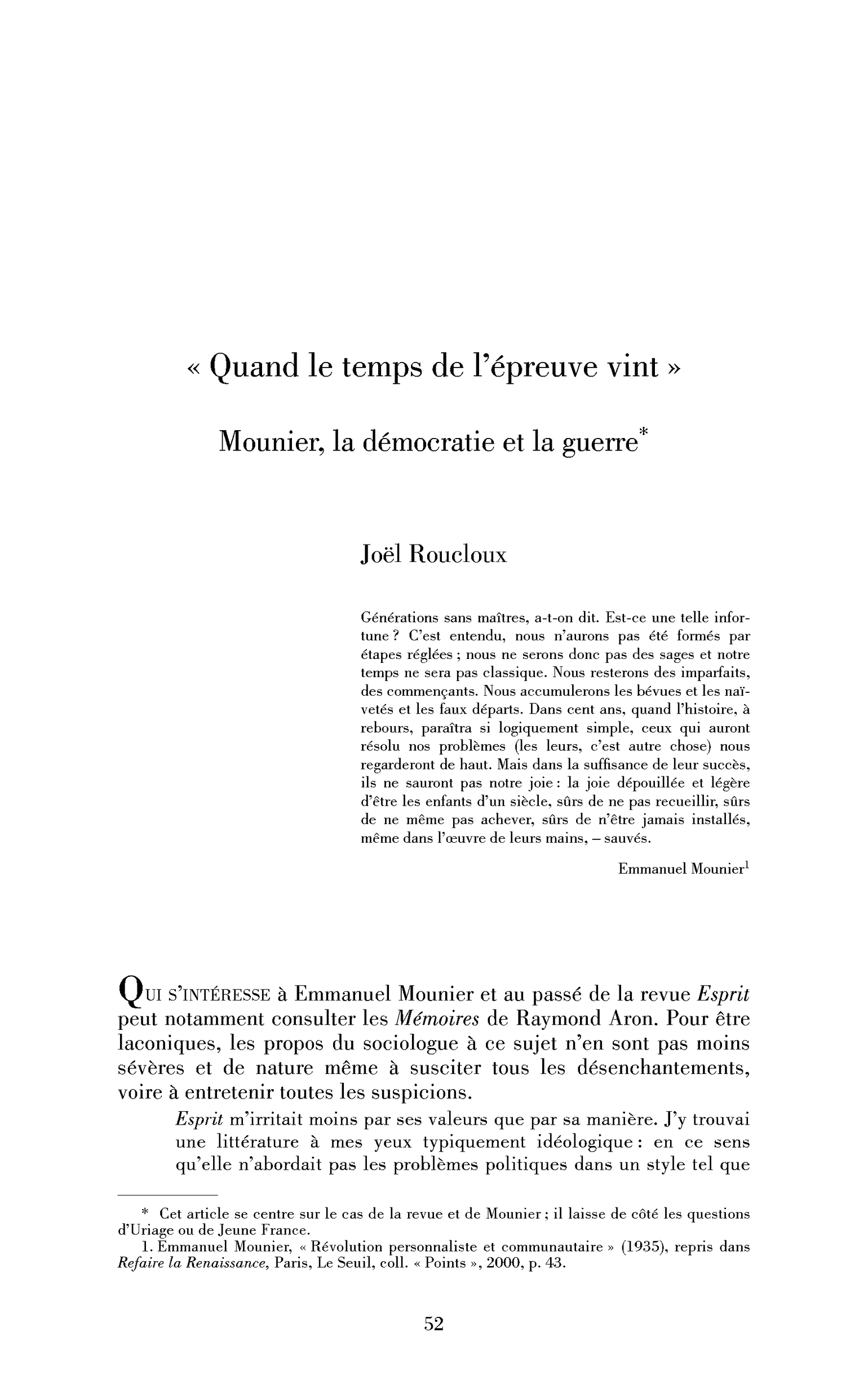 Quand le temps de l’épreuve vint. Mounier, la démocratie et la guerre