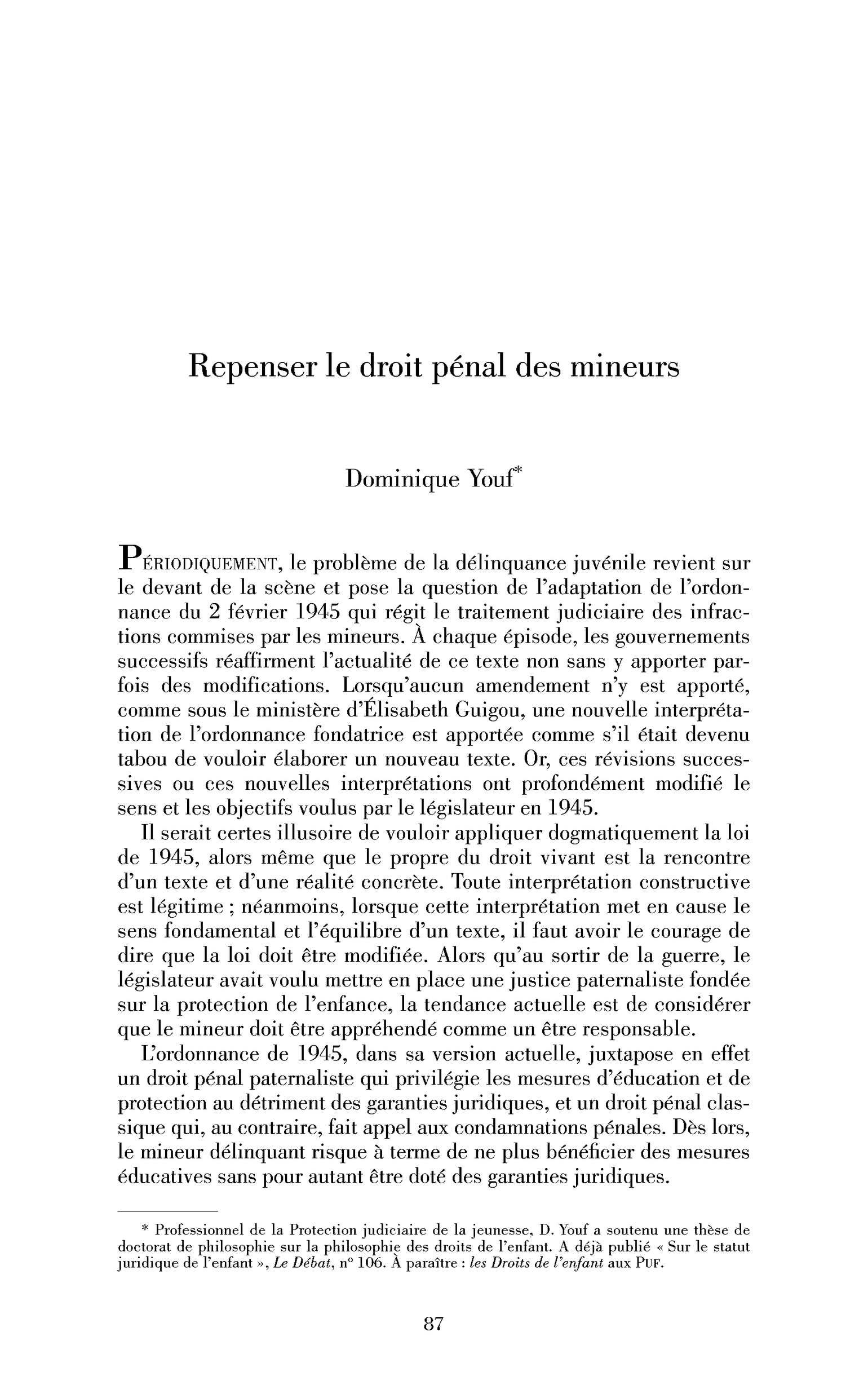 Repenser le droit pénal des mineurs