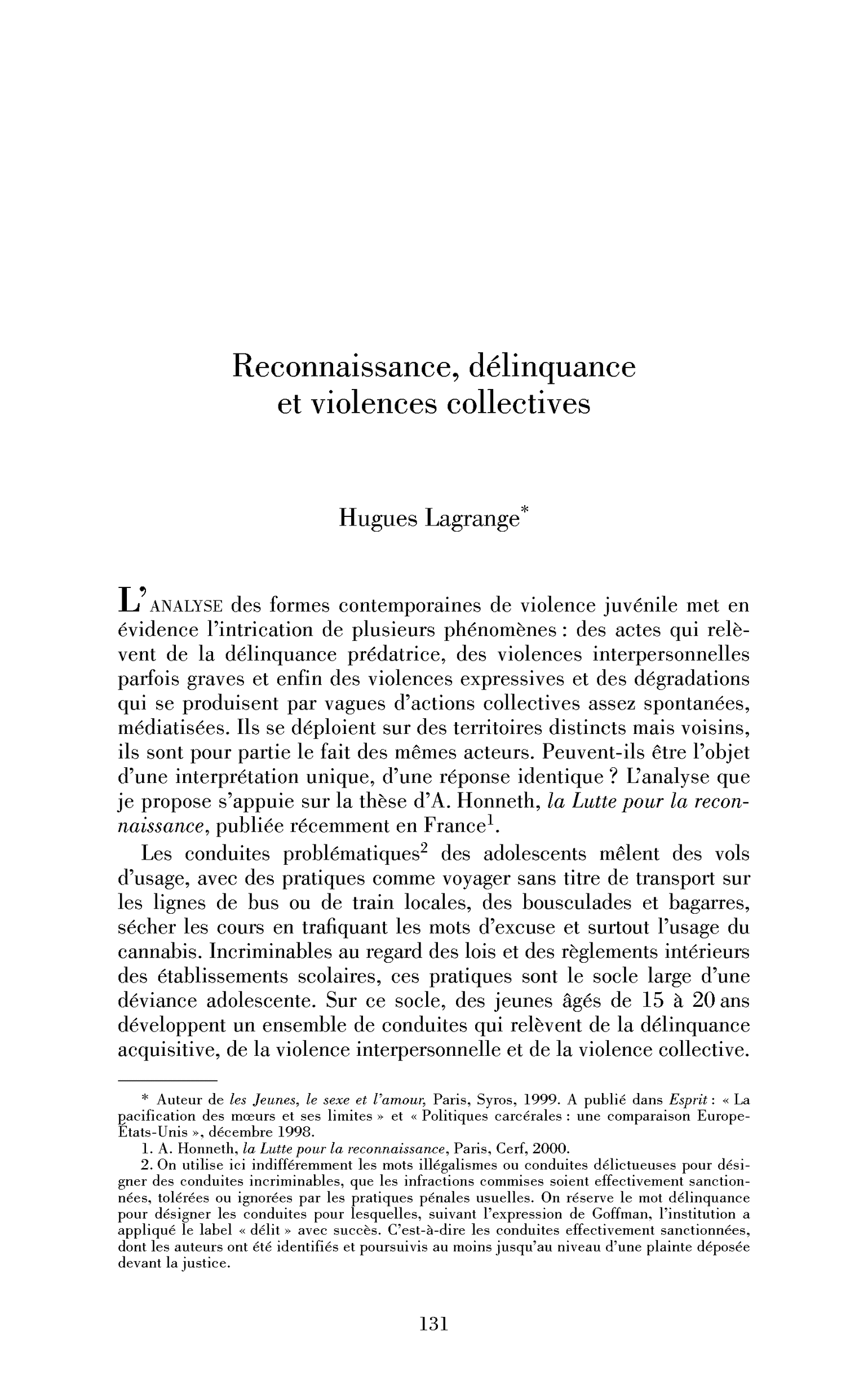 Reconnaissance, délinquance et violences collectives