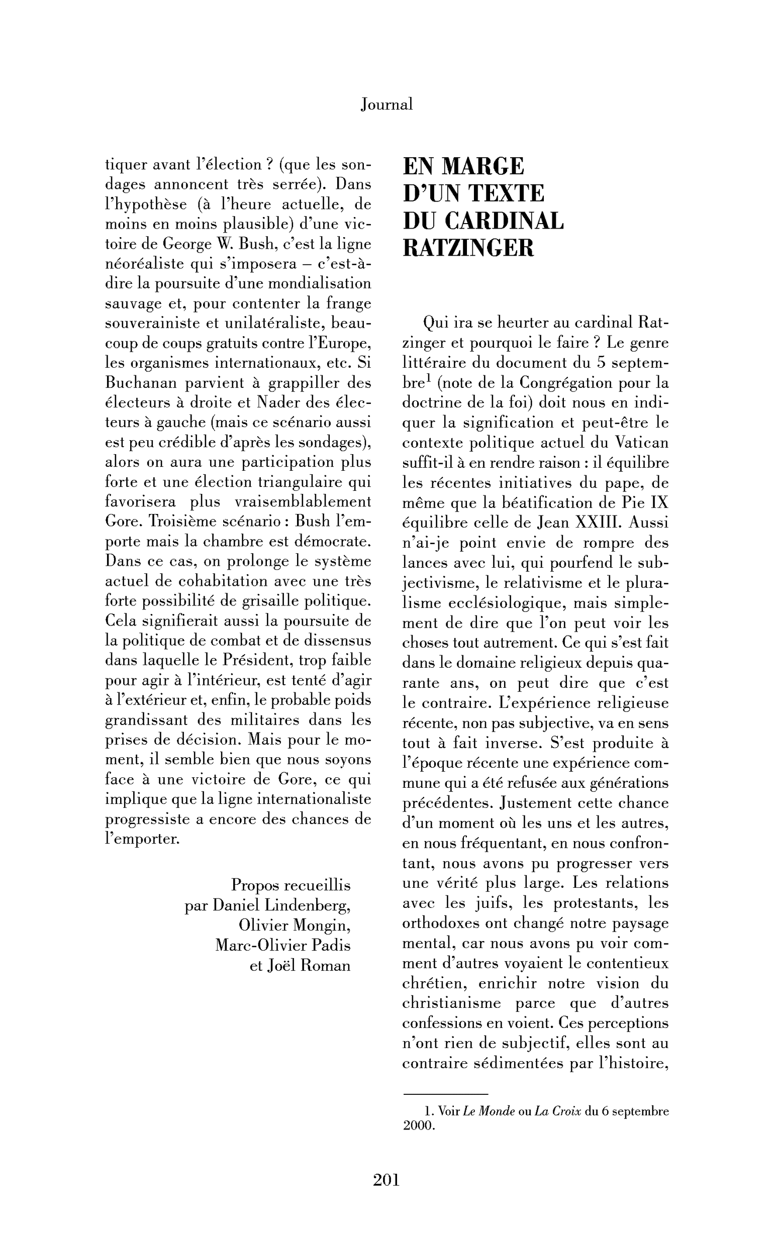 En marge d’un texte du cardinal Ratzinger