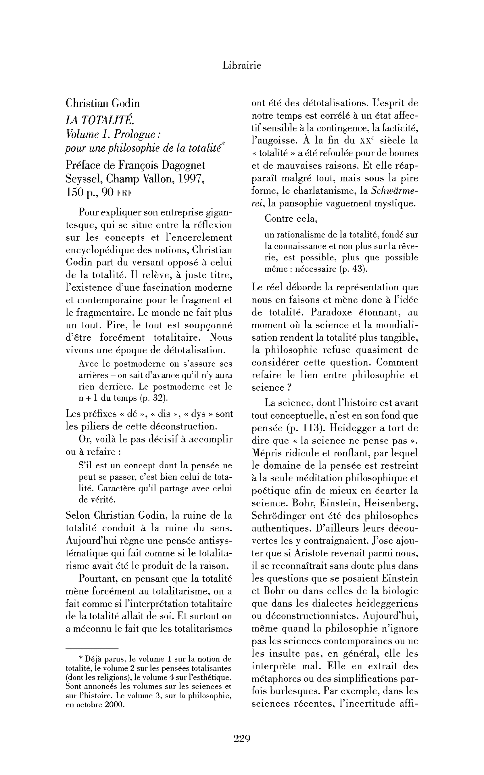 Christian Godin : la Totalité. Volume 1. Prologue : pour une philosophie de la totalité
