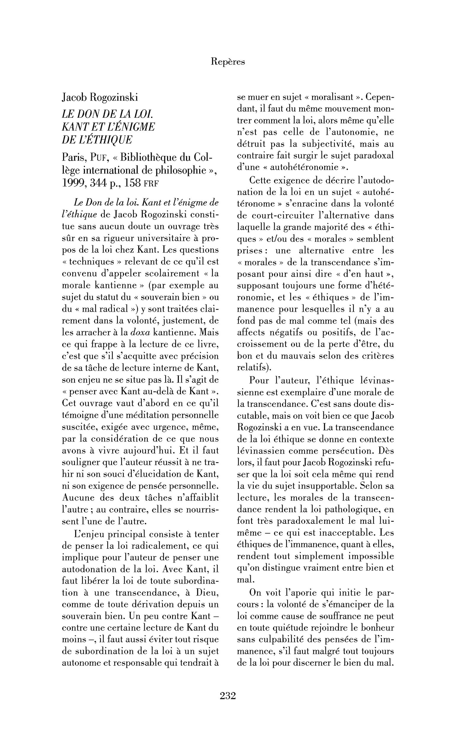 Jacob Rogozinski : le Don de la loi. Kant et l’énigme de l’éthique