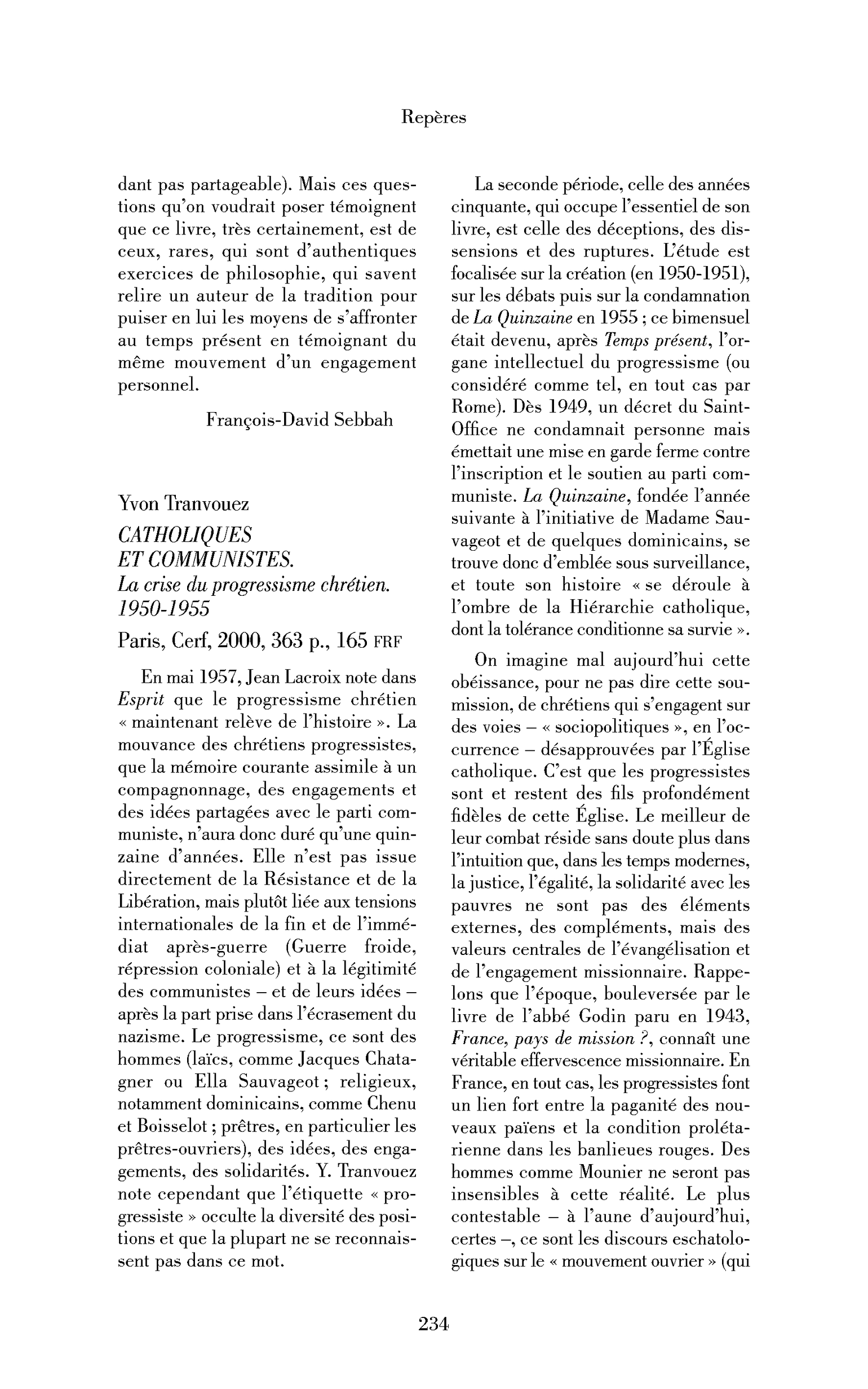 Yvon Tranvouez : Catholiques et communistes. La crise du progressisme chrétien. 1950-1955