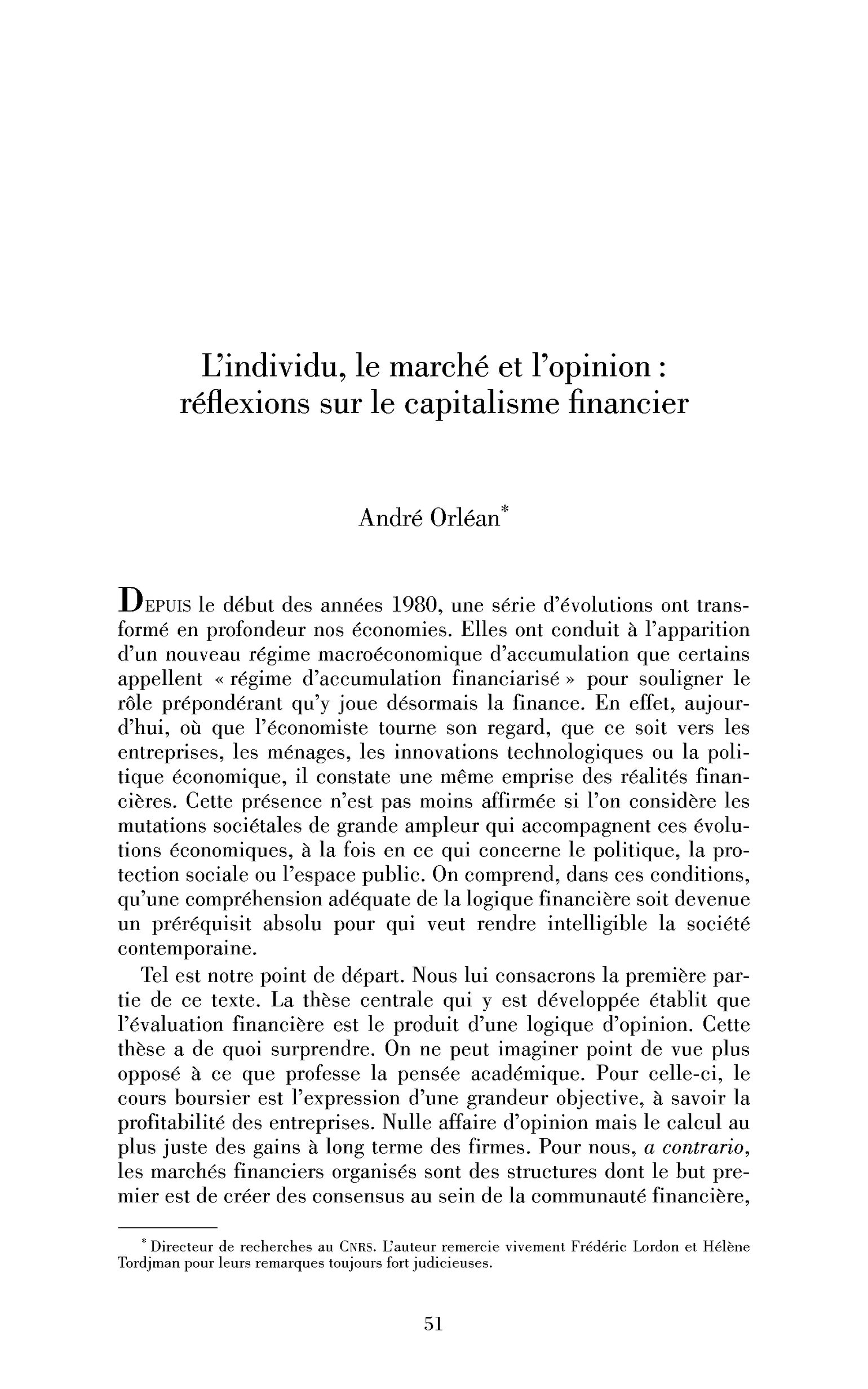 L’individu, le marché et l’opinion : réflexions sur le capitalisme financier