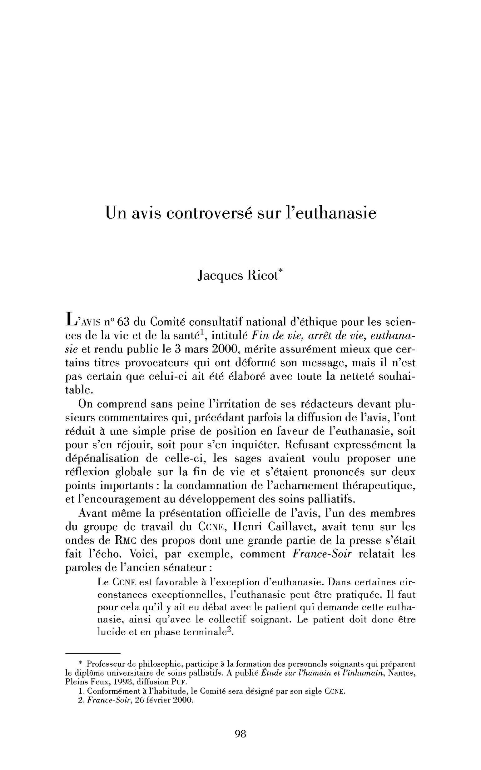 Un avis controversé sur l’euthanasie
