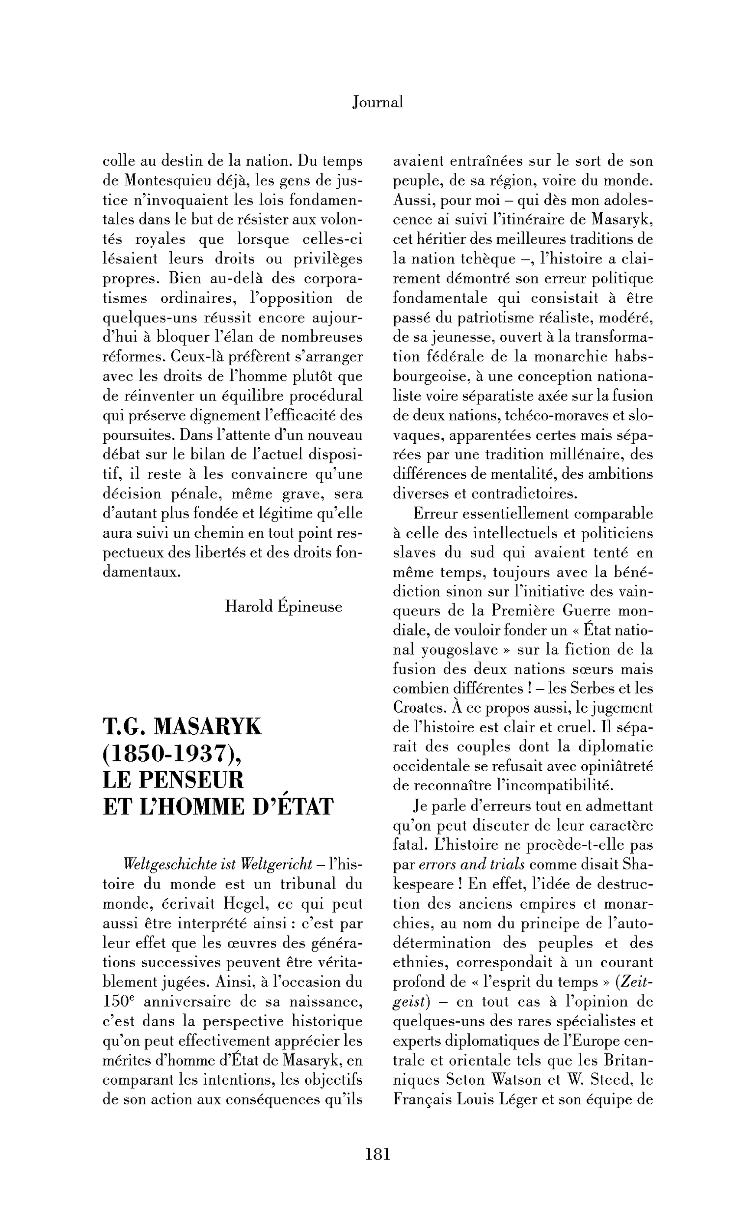 Masaryk, le penseur et l’homme d’État