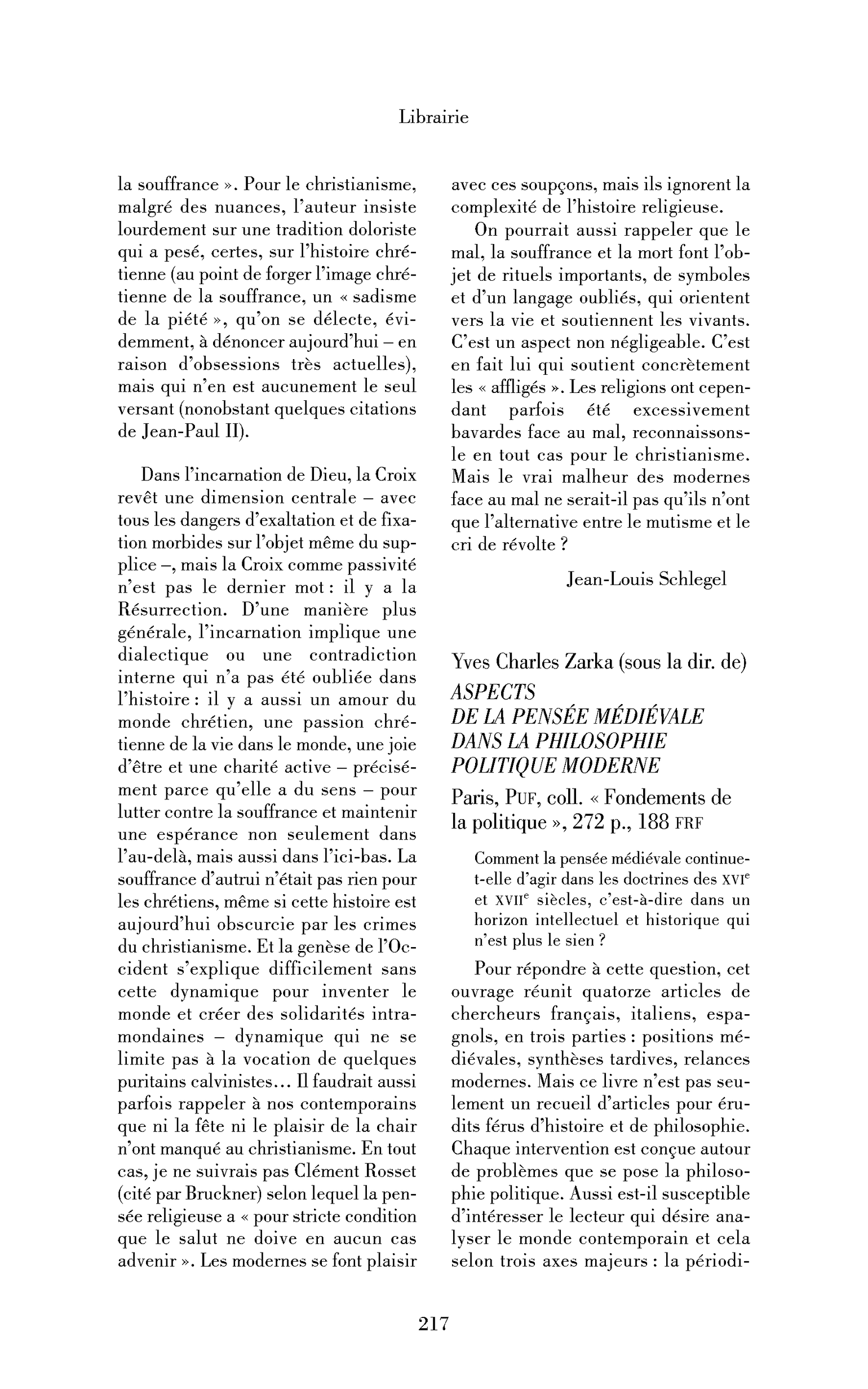 Yves Charles Zarka (sous la dir. de) : Aspects de la pensée médiévale dans la philosophie politique moderne