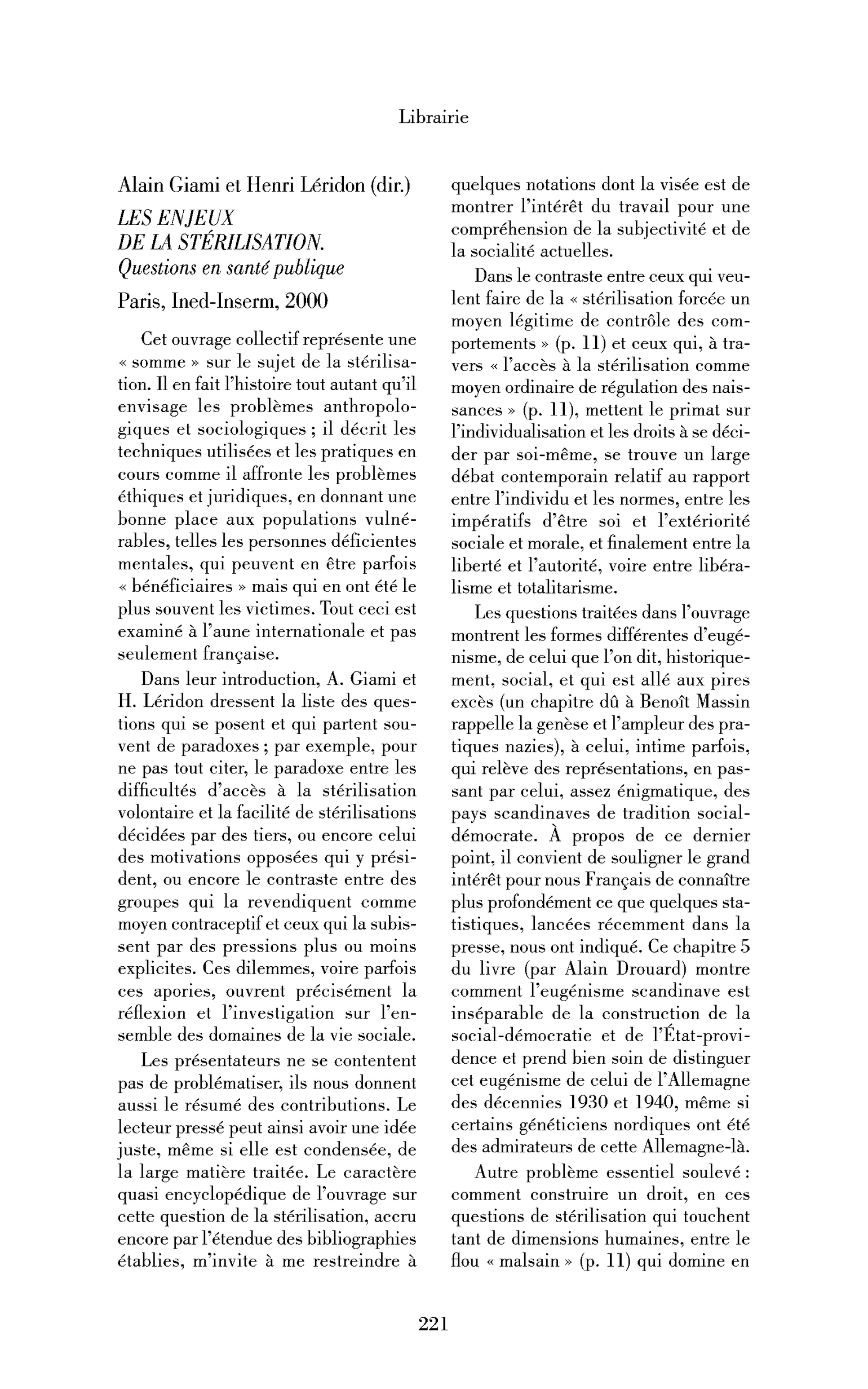 Alain Giami et Henri Léridon (dir.) : les Enjeux de la stérilisation. Questions en santé publique