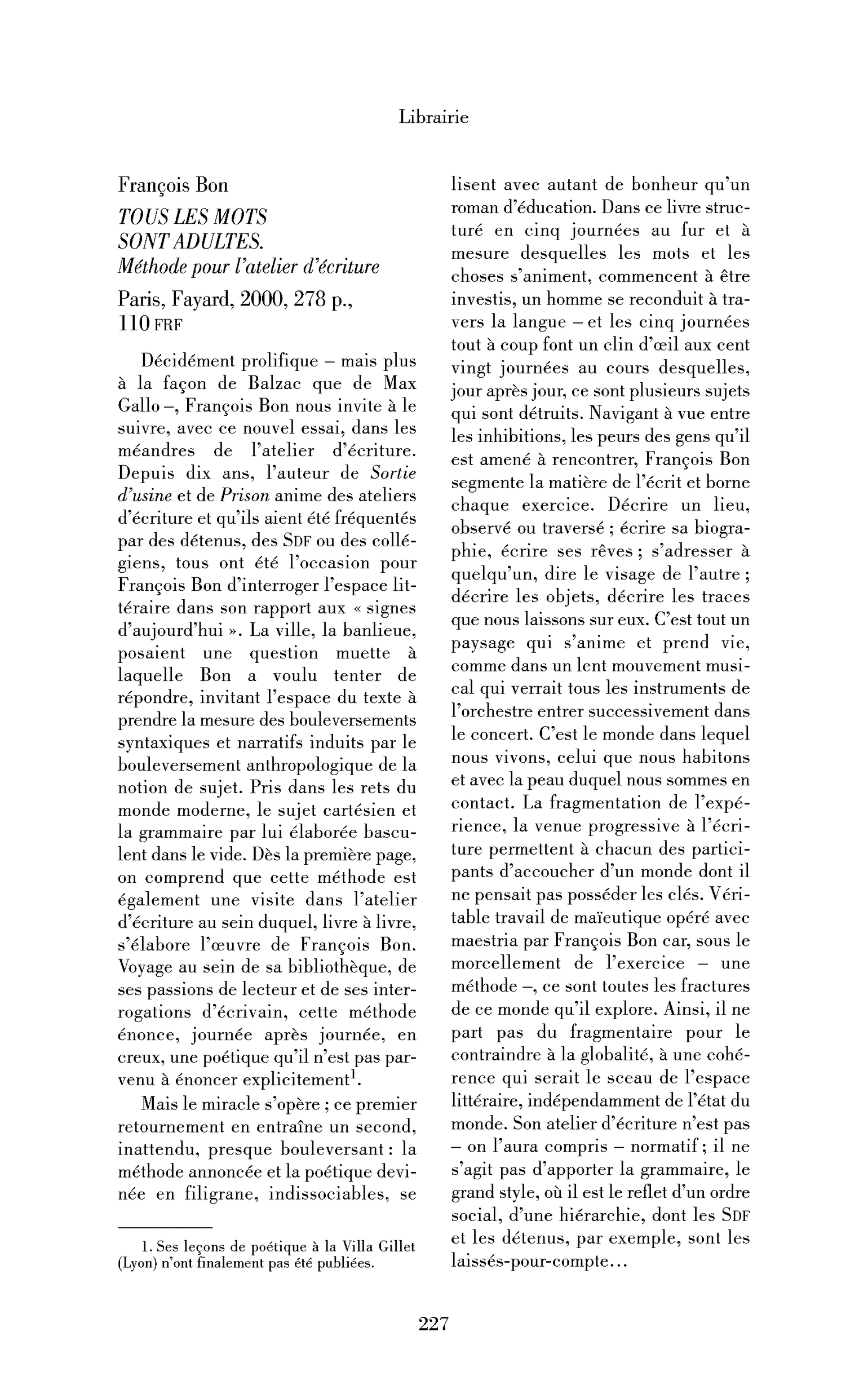 François Bon : Tous les mots sont adultes. Méthode pour l’atelier d’écriture
