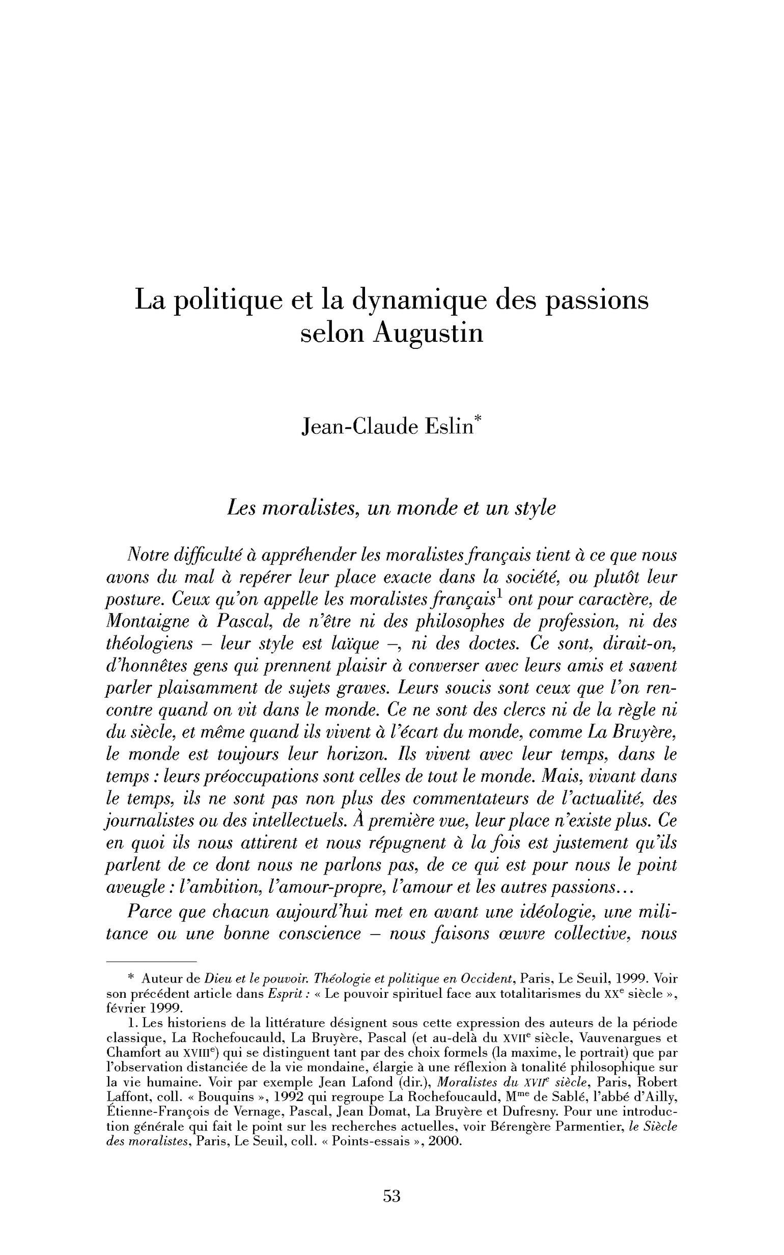 La politique et la dynamique des passions selon Augustin