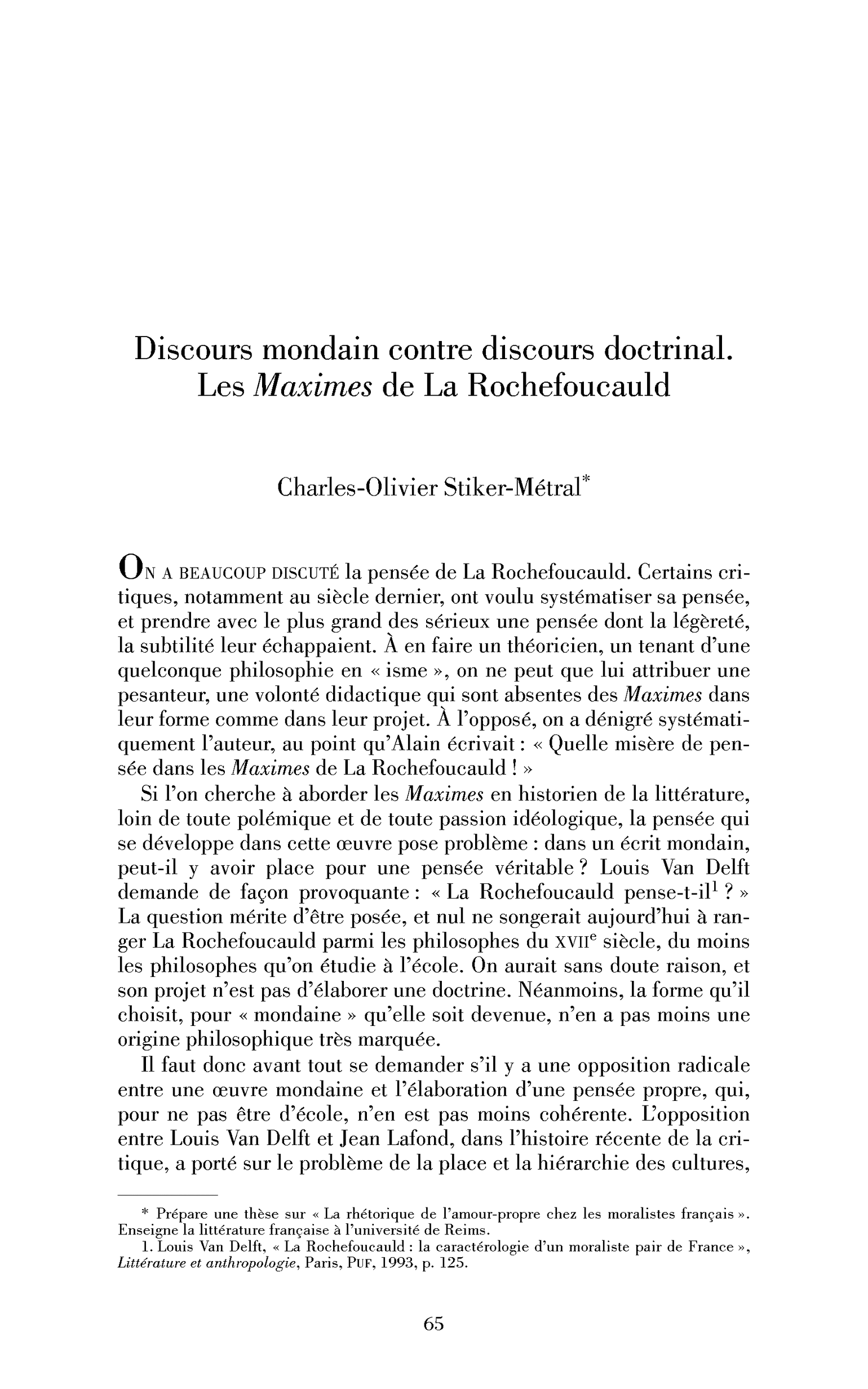 Discours mondain contre discours doctrinal. Les Maximes de La Rochefoucauld