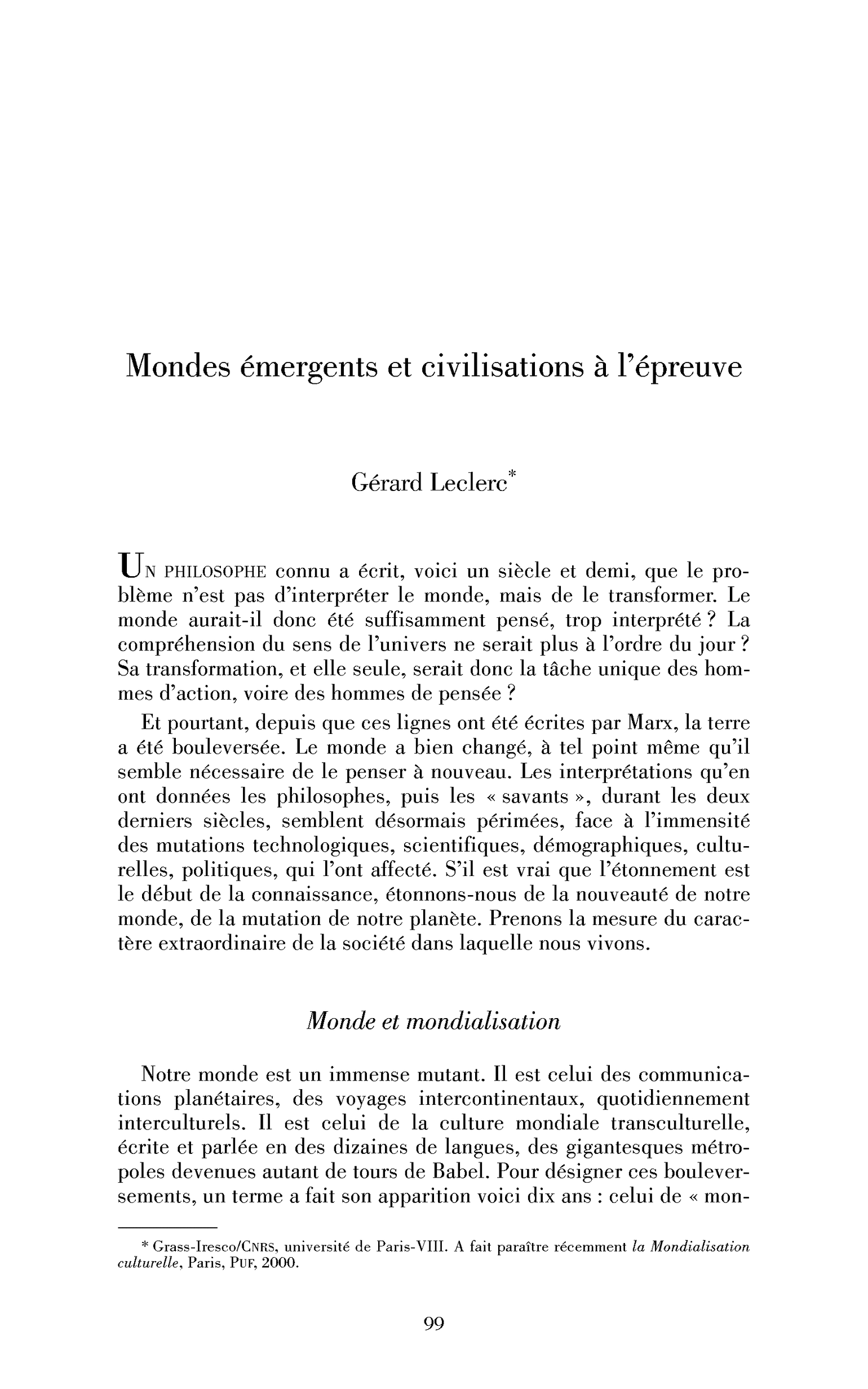 Mondes émergents et civilisations à l’épreuve