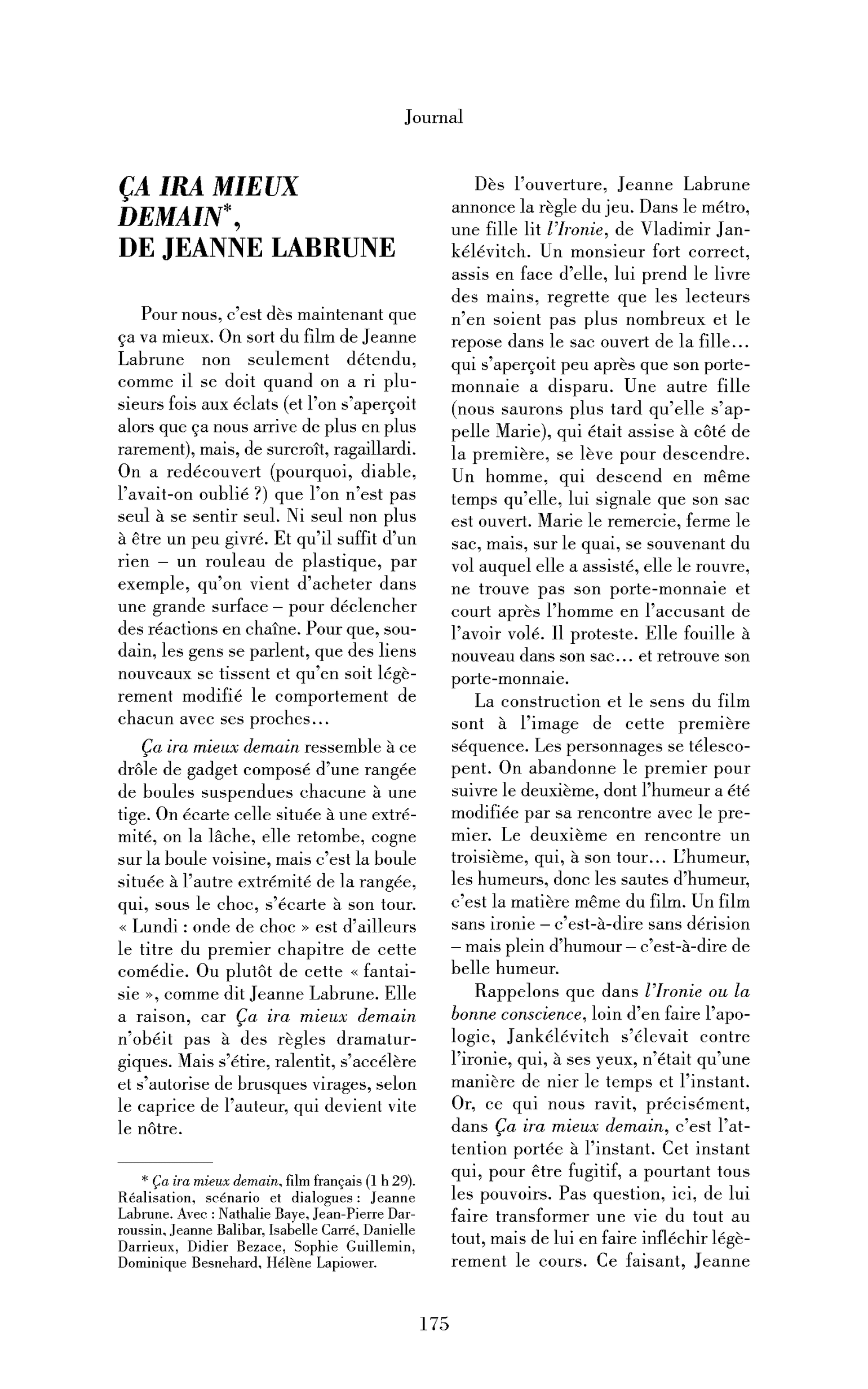 Ça ira mieux demain, de Jeanne Labrune