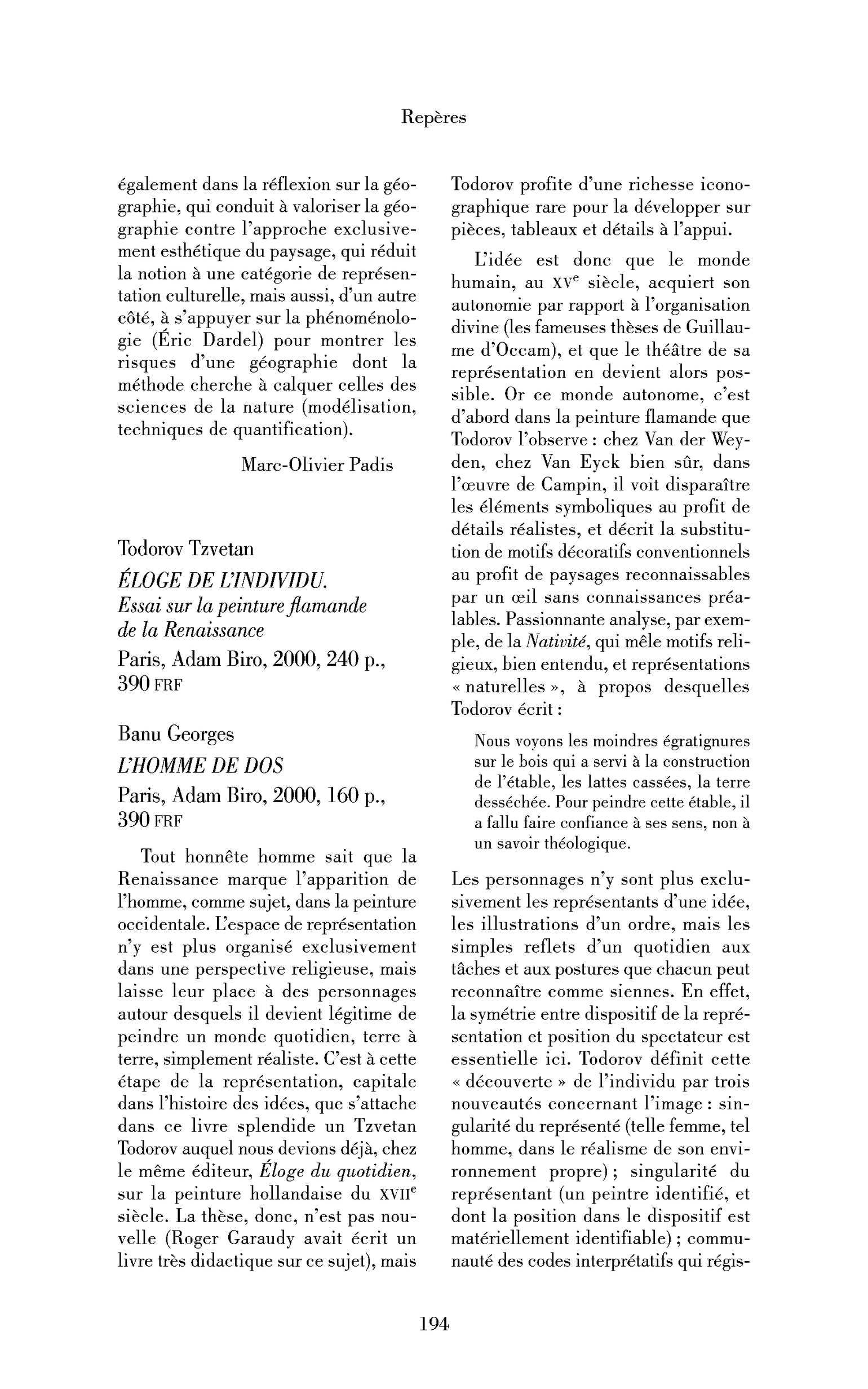 « Tzvetan Todorov : Éloge de l’individu. Essai sur la peinture flamande de la Renaissance ; Georges Banu : l’Homme de dos »