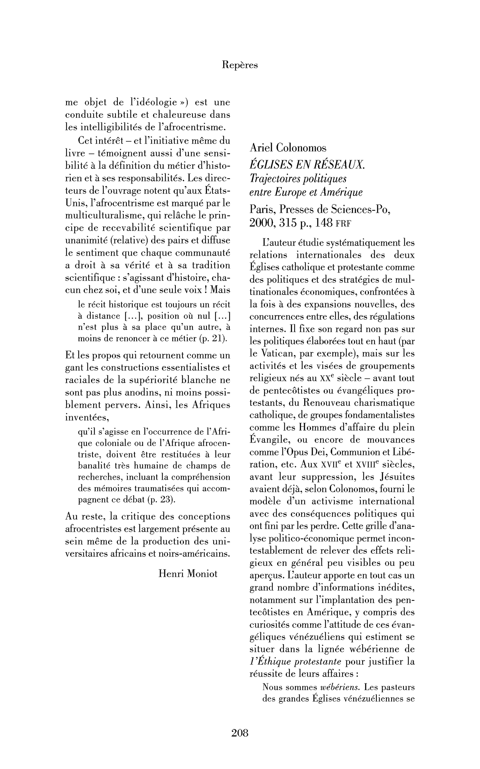 Ariel Colonomos : Églises en réseaux. Trajectoires politiques entre Europe et Amérique