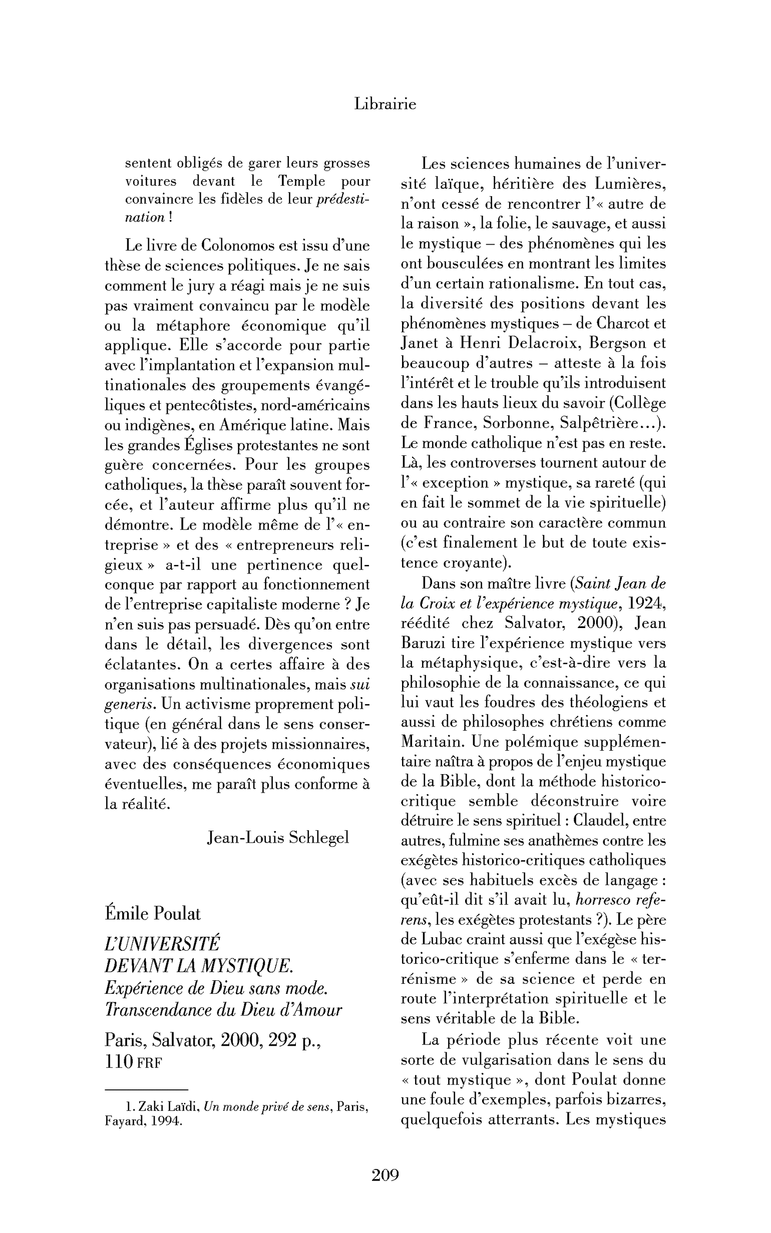 Émile Poulat : l’Université devant la mystique. Expérience de Dieu sans mode. Transcendance du Dieu d’Amour