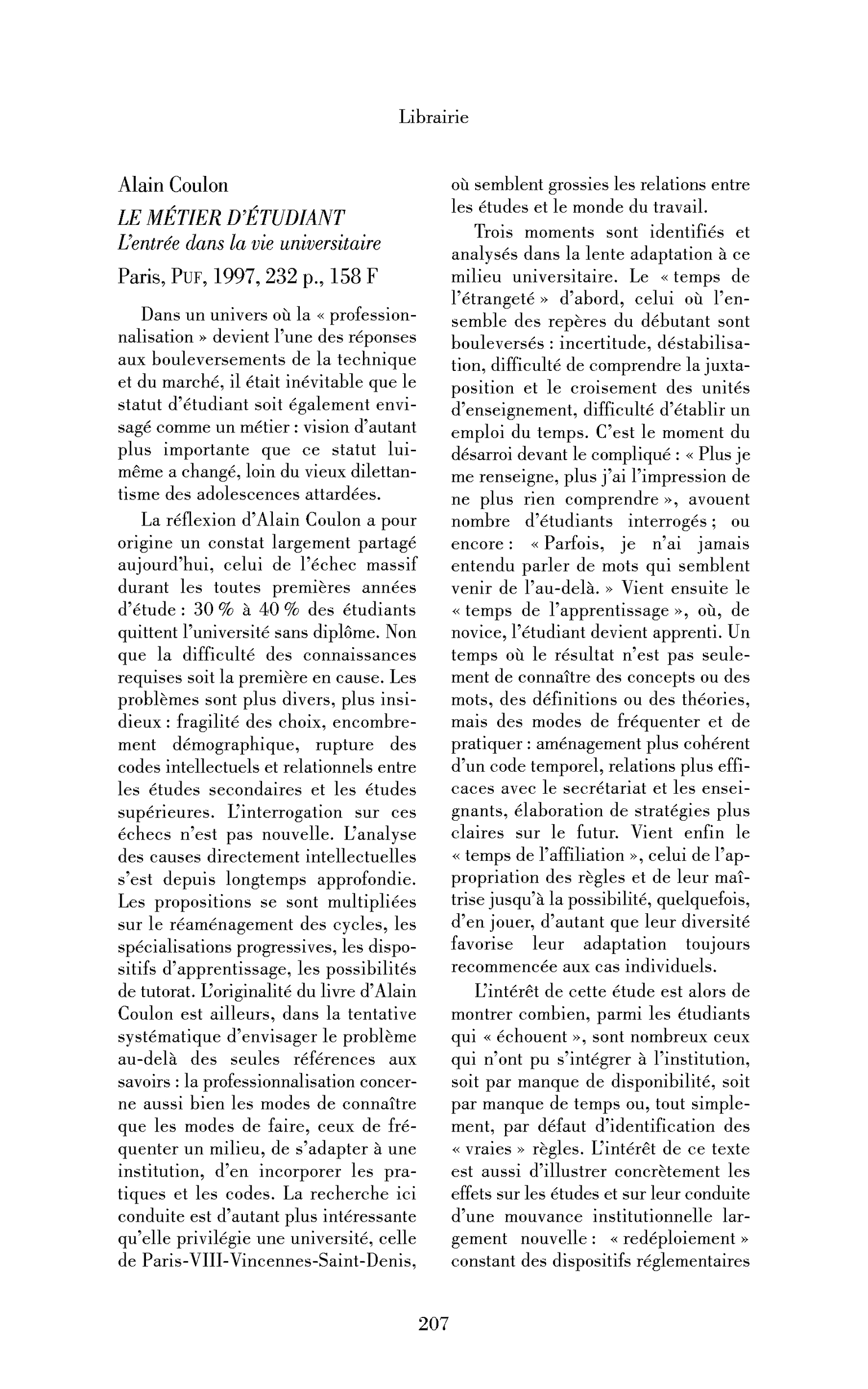 Alain Coulon : le Métier d’étudiant. L’entrée dans la vie universitaire