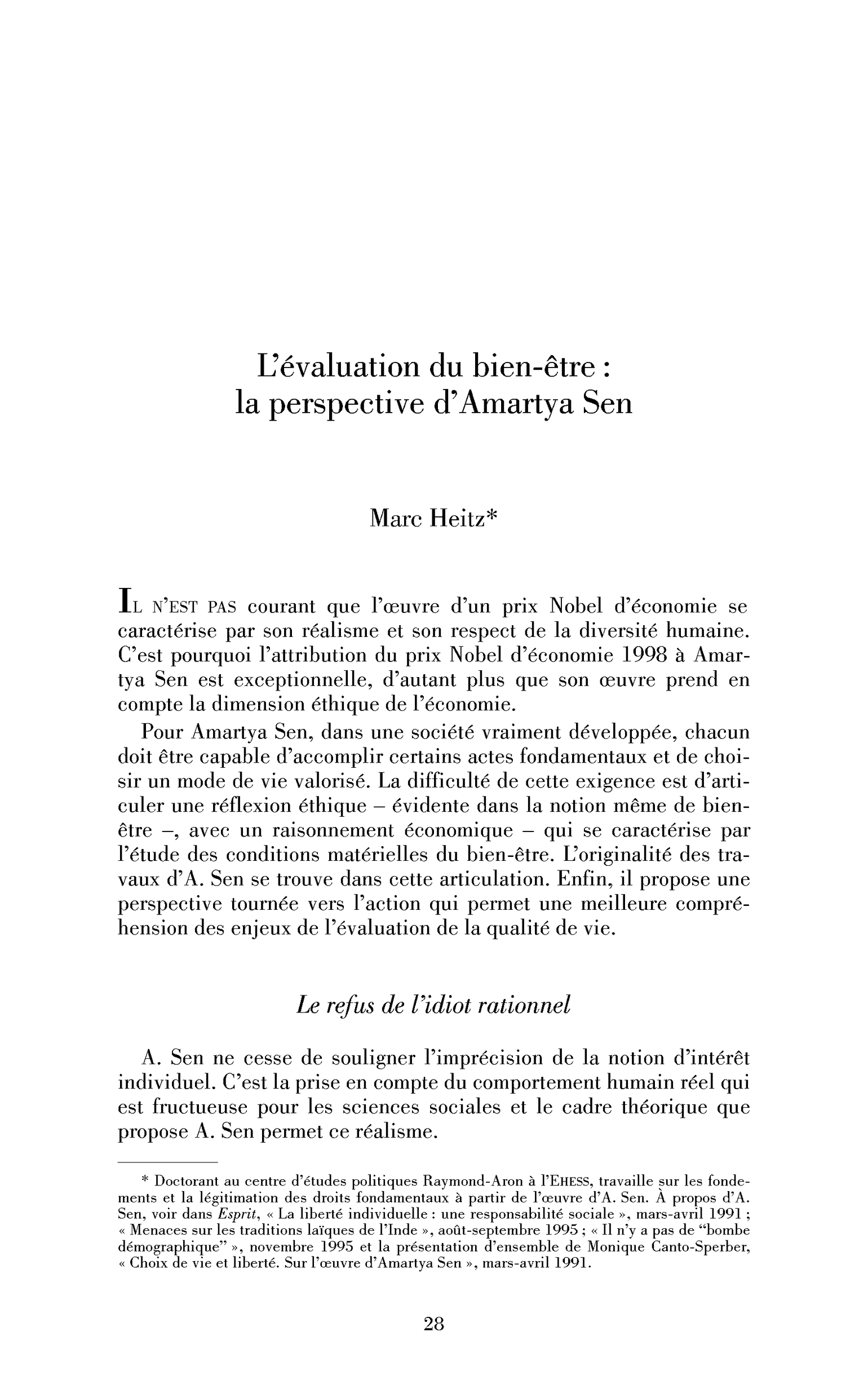 L’évaluation du bien-être : la perspective d’Amartya Sen