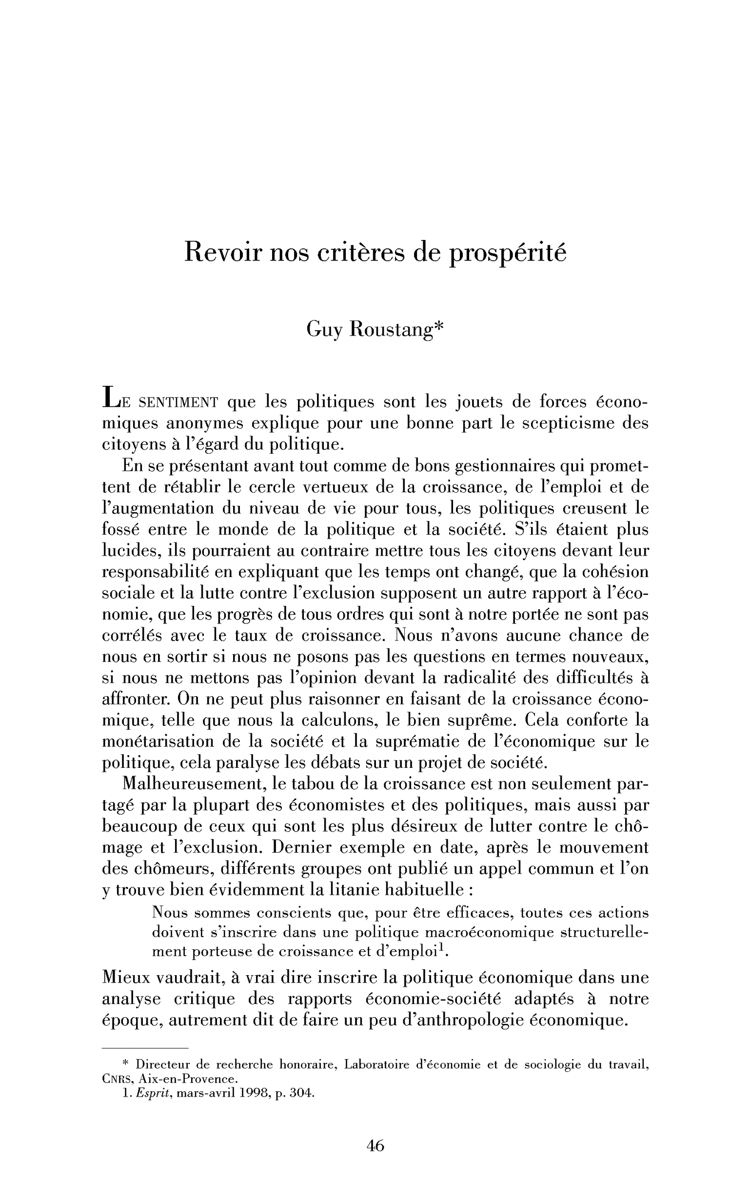 Revoir nos critères de prospérité